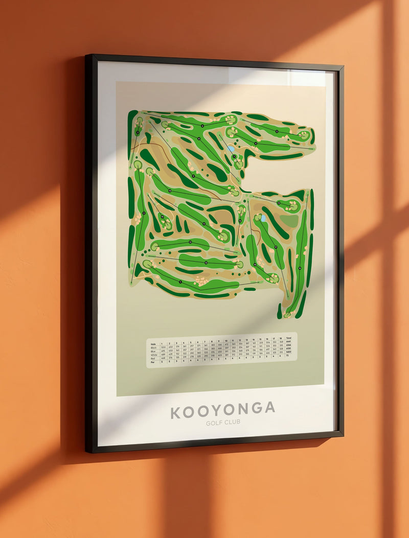 Kooyonga-Australia-Golf-course-Black-Framed-print-art-on orange walll with sunlight