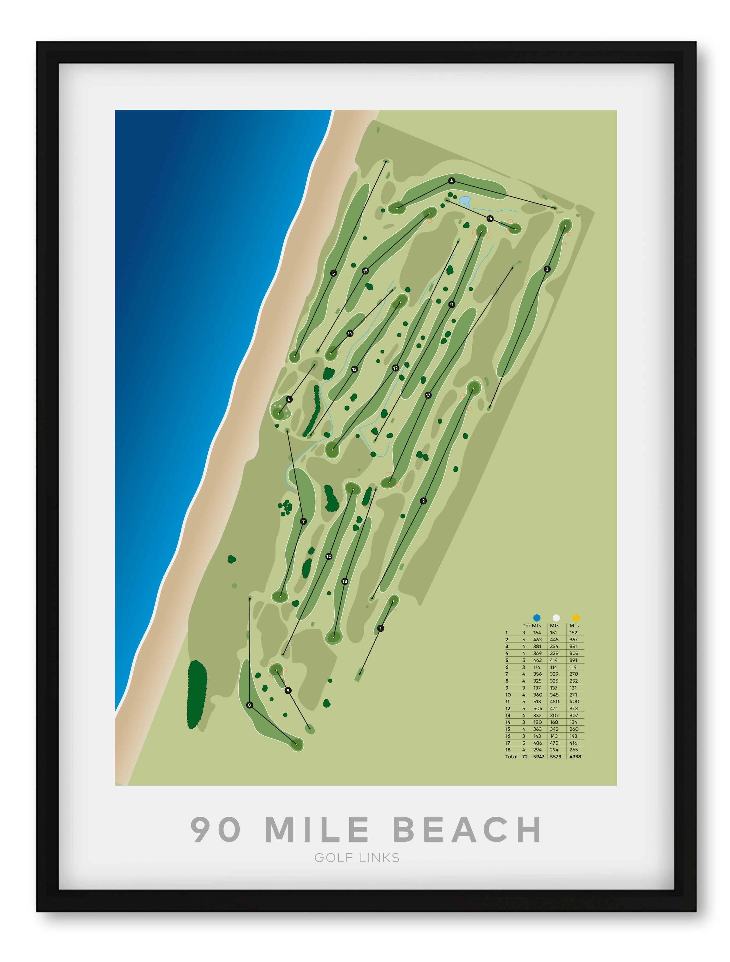 Black framed minimalist fine art map of 90 Mile Beach (Kaitaia) Golf Course, Northland, New Zealand
