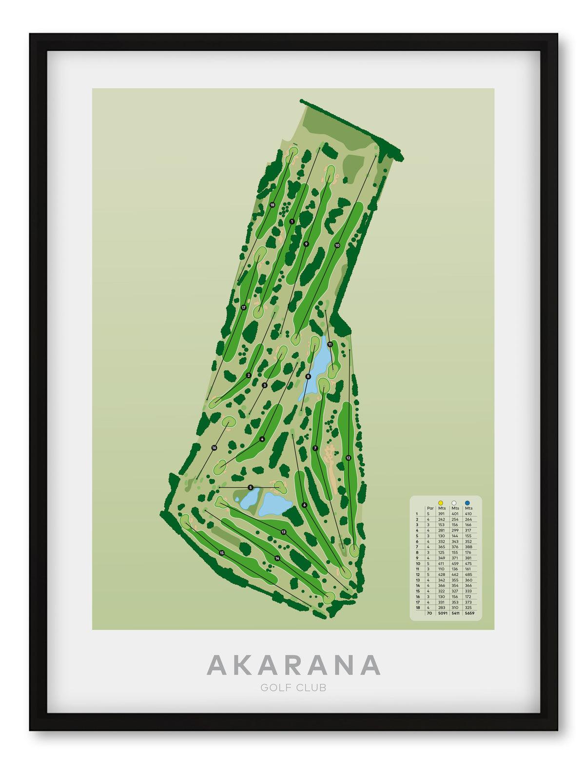 Black framed minimalist fine art map of Akarana Golf Course, Auckland, New Zealand