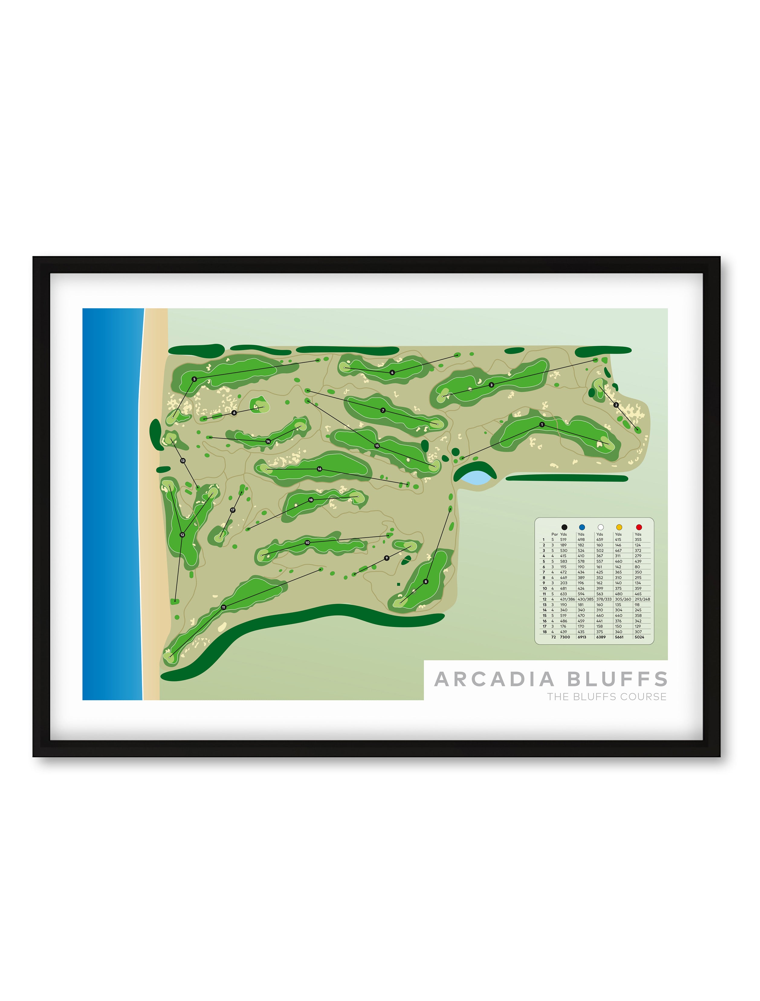 Black minimalist fine art map of Arcadia Bluffs Golf Course, Michigan, Midwest, Manistee County, USA