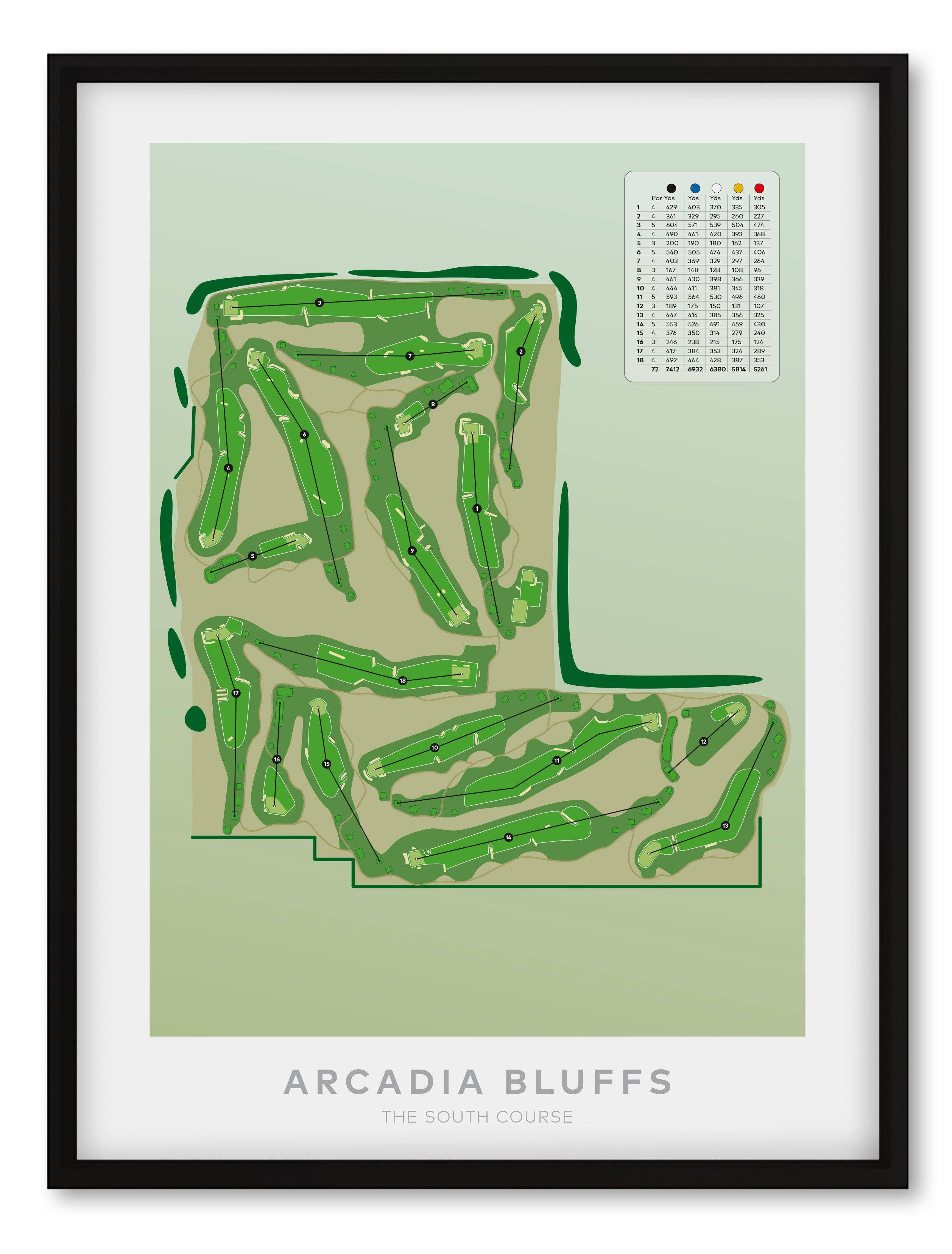 Black framed minimalist fine art map of Arcadia Bluffs South Golf Course, Michigan, Midwest, Manistee County, USA
