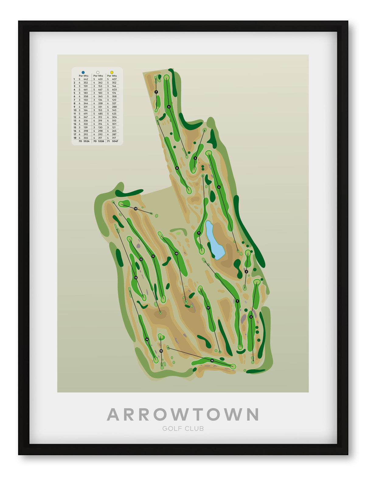 Black framed minimalist fine art map of Arrowtown Golf Course, Queenstown Lakes Region, Otago, New Zealand