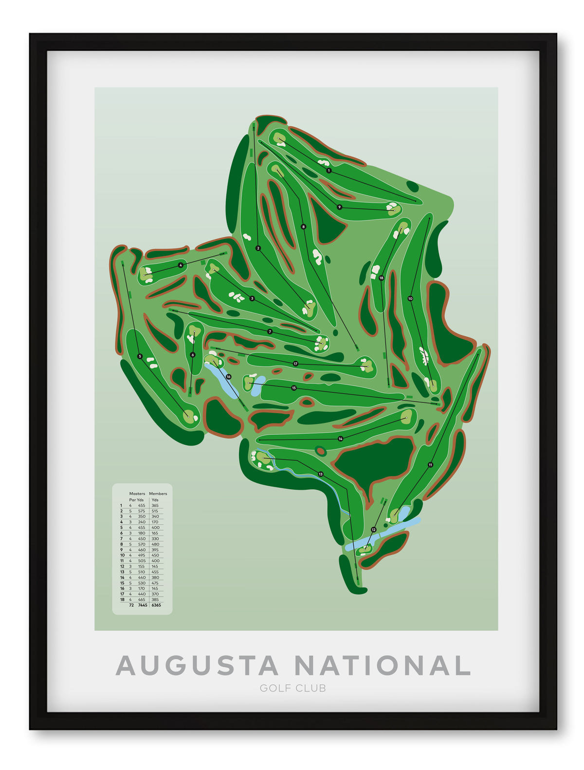 Black framed minimalist fine art map of Augusta National Golf Course, Georgia, Southeast, Richmond County, USA