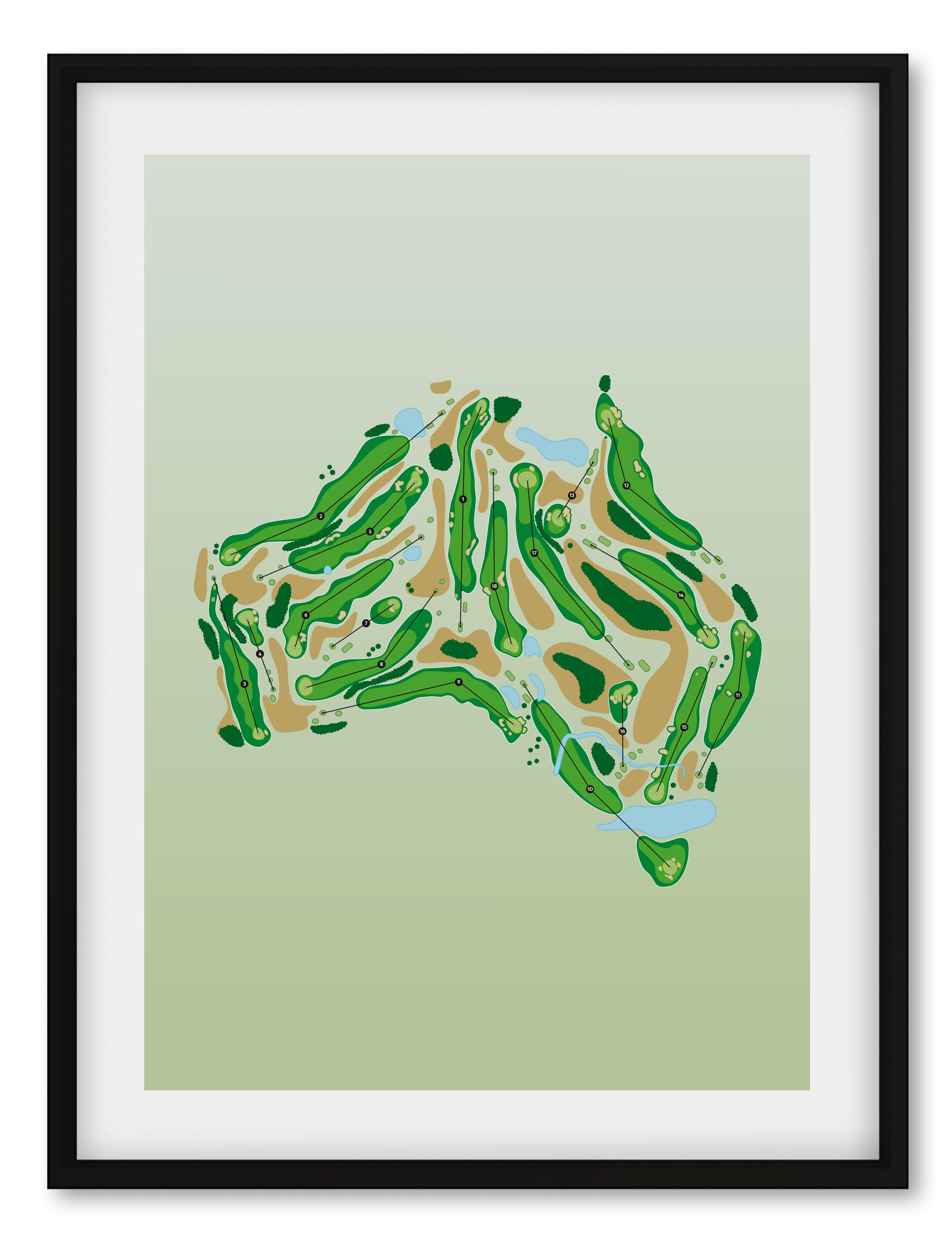 Black framed minimalist fine art map of Australia Golf Course, concept artwork