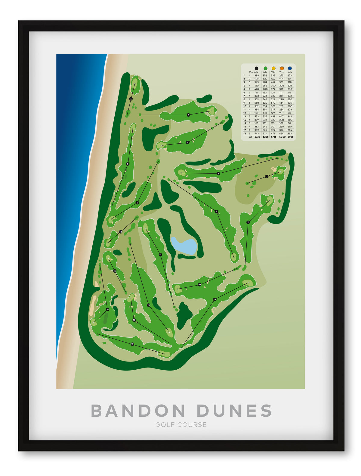 Black framed minimalist fine art map of Bandon Dunes Golf Course, Oregon, Pacific Northwest, Coos Country, USA