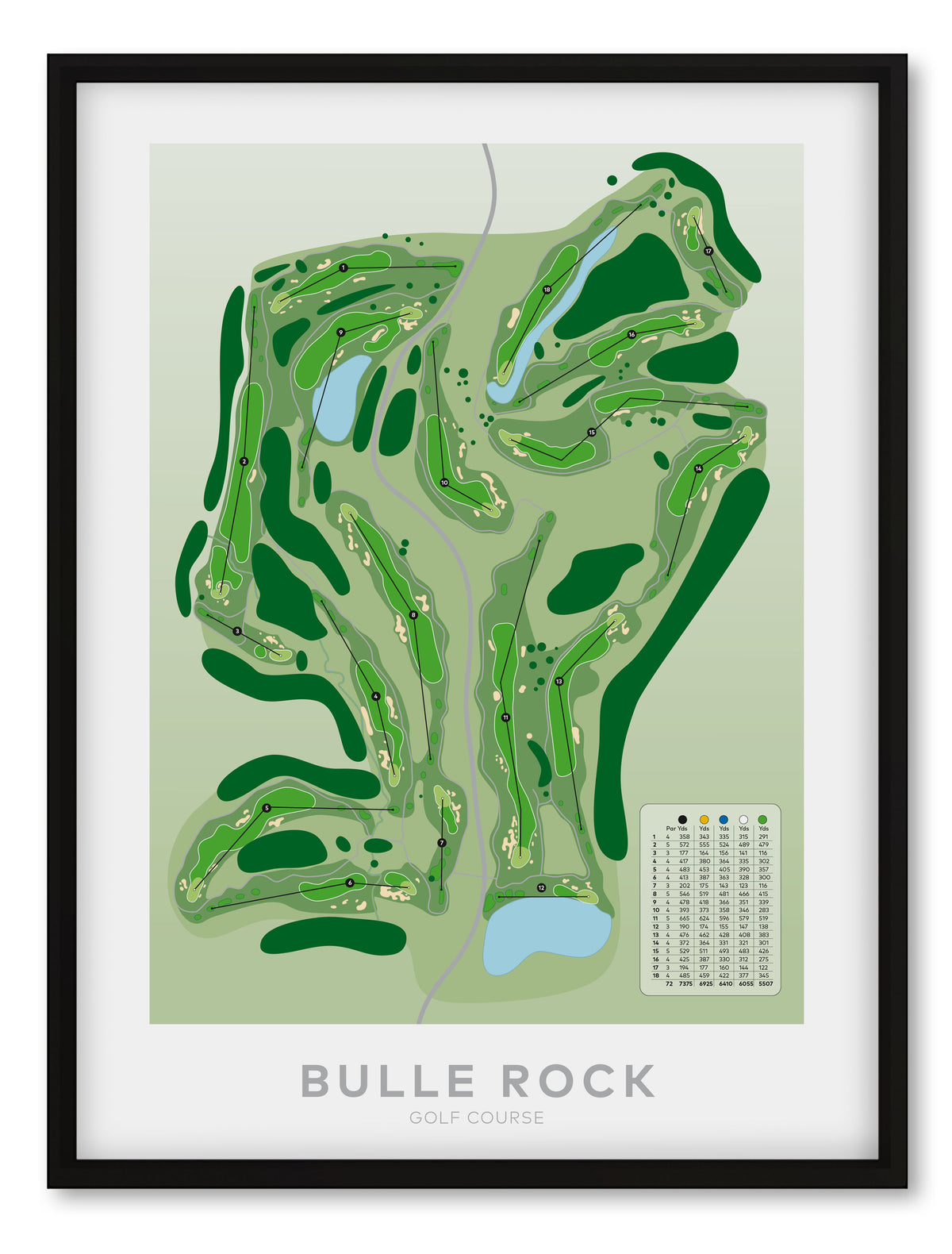 A framed golf course map print for Bulle Rock Golf Course, featuring a stylized green layout with water hazards and a greensheet legend, presented in a black frame with a white mat.