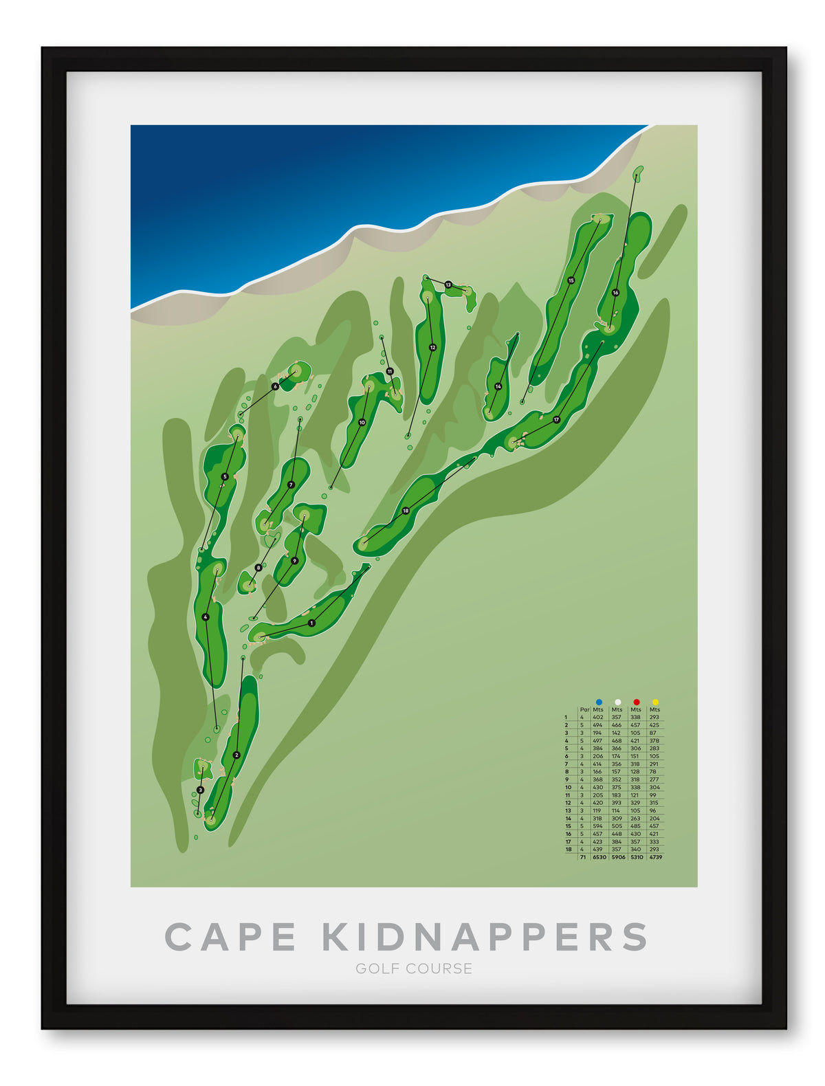 Black framed minimalist fine art map of Cape Kidnappers Golf Course, Hawke’s Bay, New Zealand