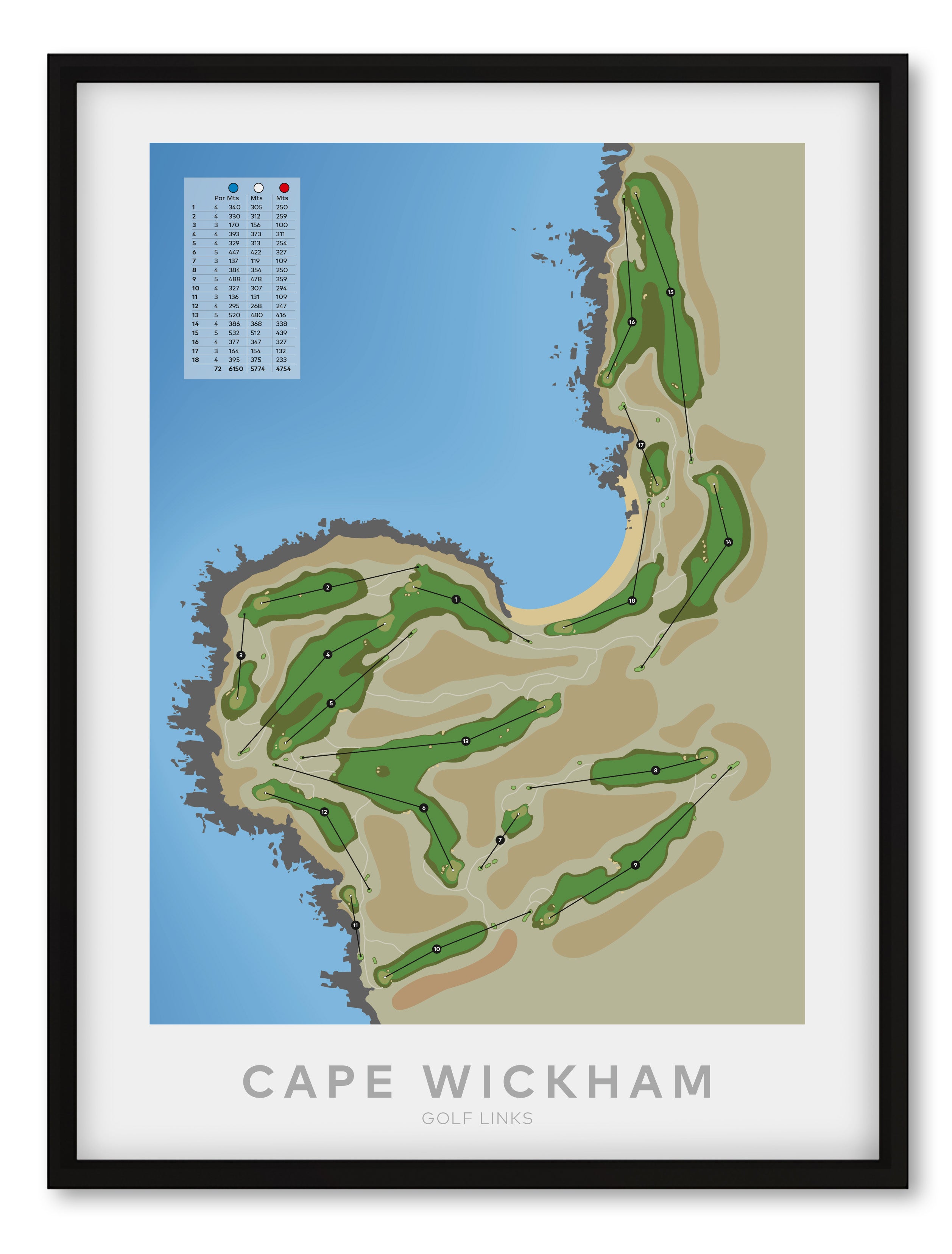 Black framed minimalist fine art map of Cape Wickham Golf Course, Tasmania, King Island, Australia-australia-golf-art