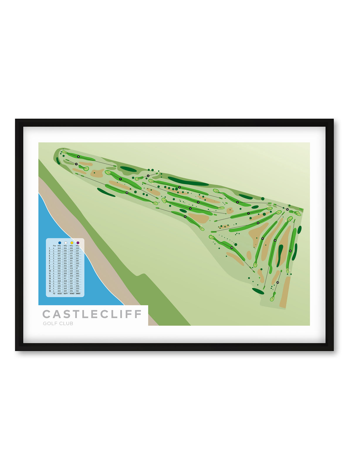 Black framed minimalist fine art map of Castlecliff Golf Course, Whanganui, North Island, New Zealand