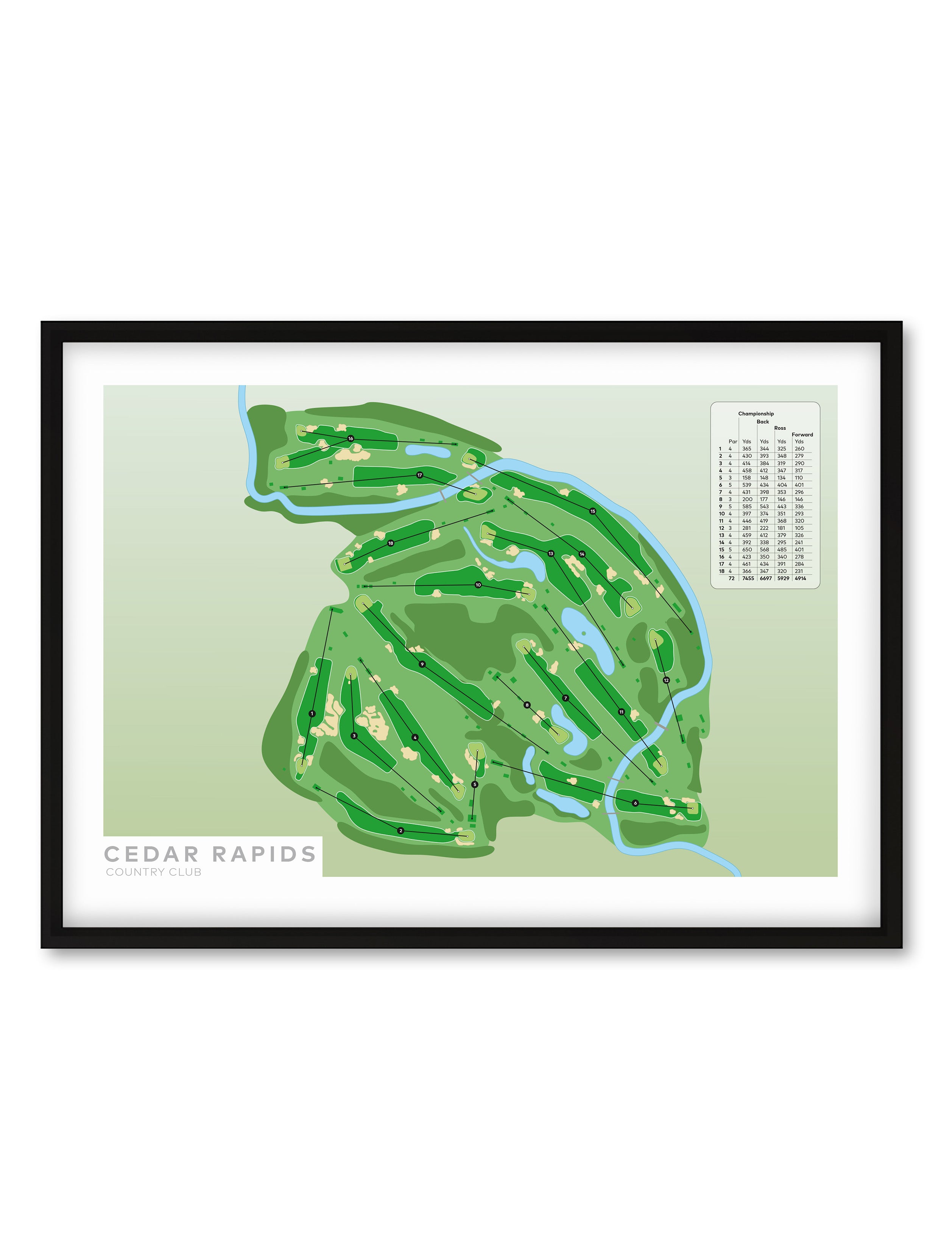 Black framed minimalist fine art map of Cedar Rapids Golf Course, Linn County, Iowa, Midwest, USA