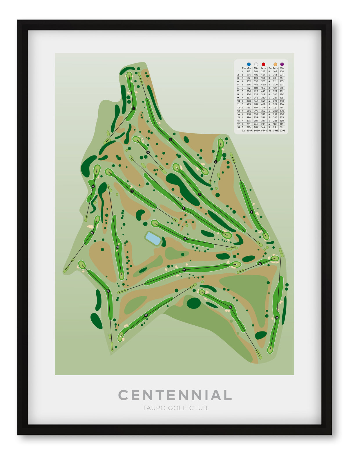 Black framed Minimalist fine art map of Taupo - Centennial Golf Course, Waikato, New Zealand