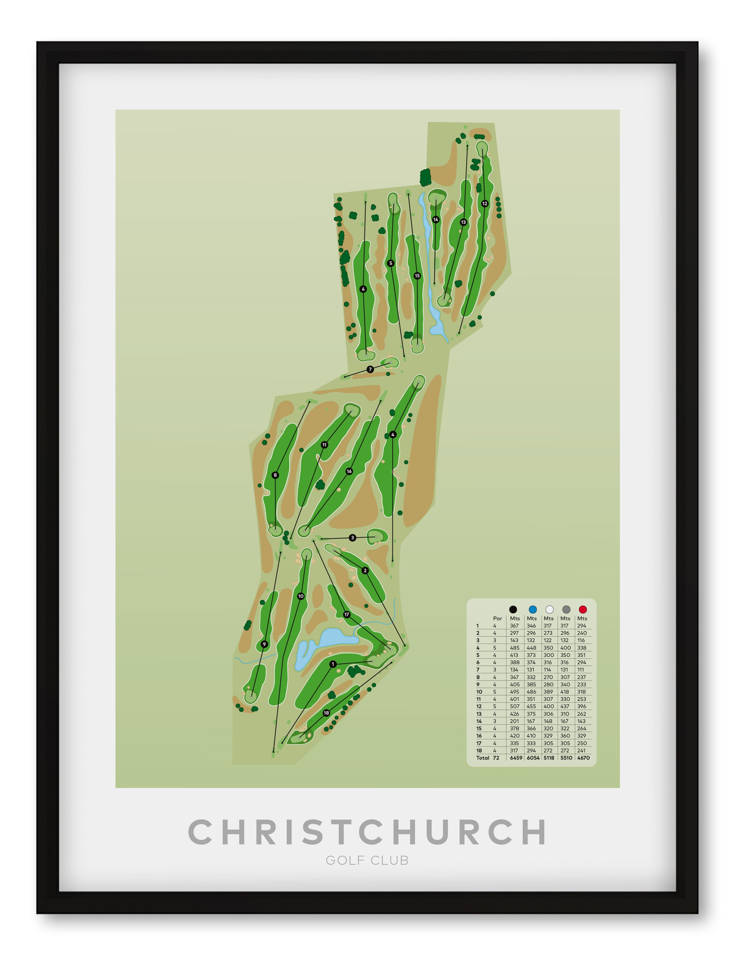 Black framed minimalist fine art map of Christchurch Golf Course, ChCh, Canterbury, New Zealand