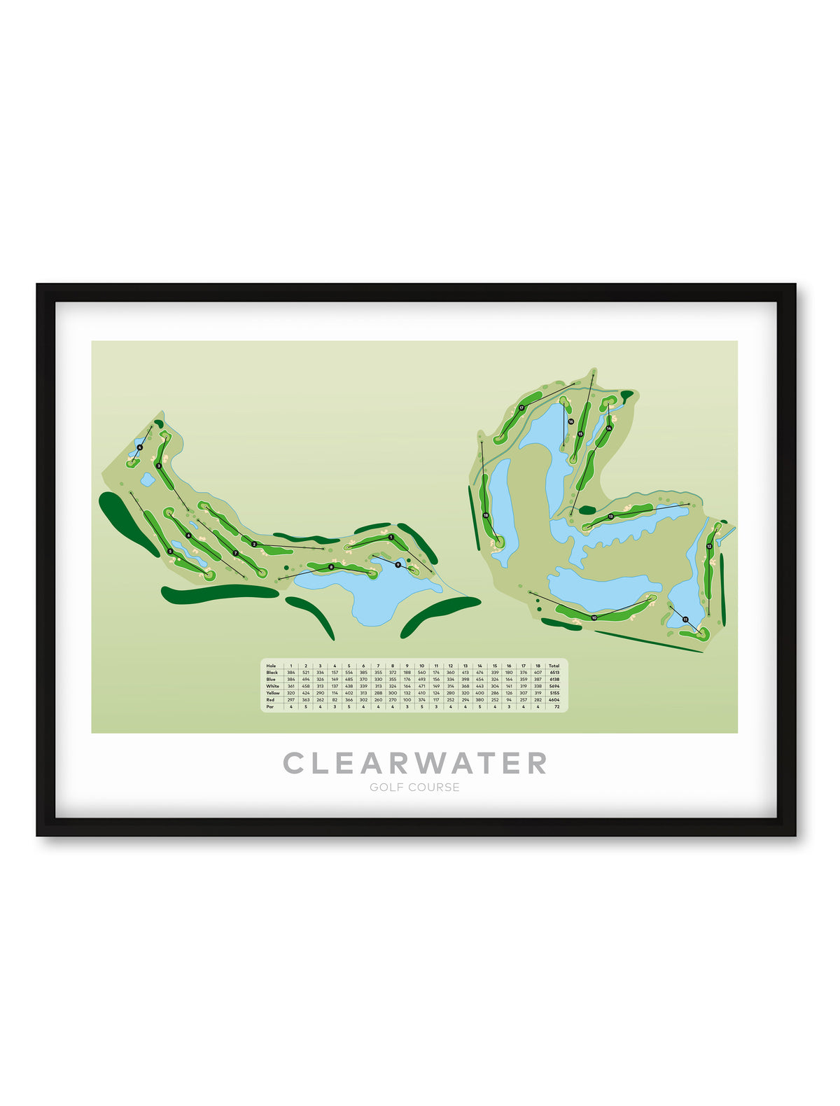 Black framed minimalist fine art map of Clearwater Golf Course, Christchurch, Canterbury, New Zealand