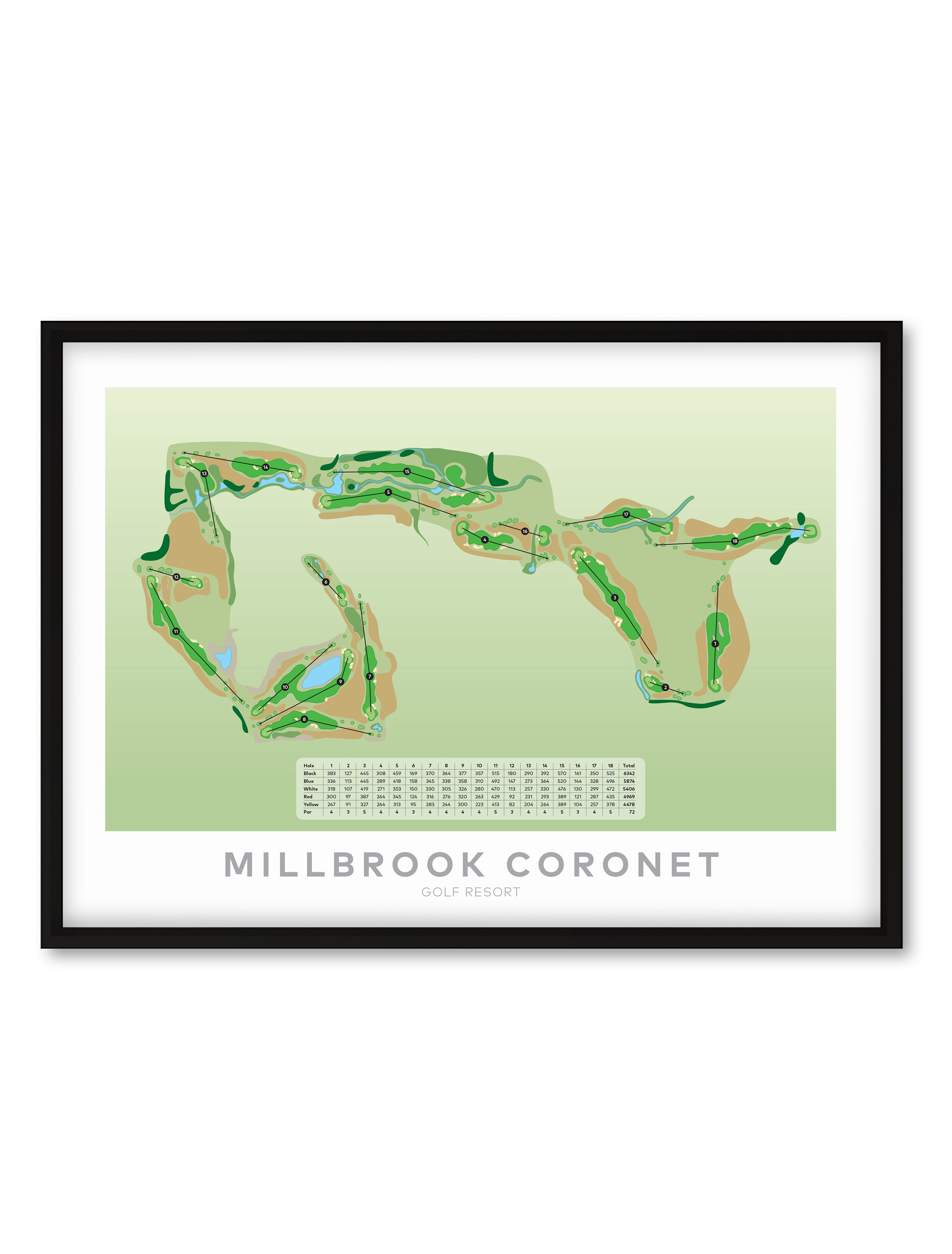 Black framed minimalist fine art map of Millbrook - Coronet Golf Course, Queenstown Lakes Region, New Zealand