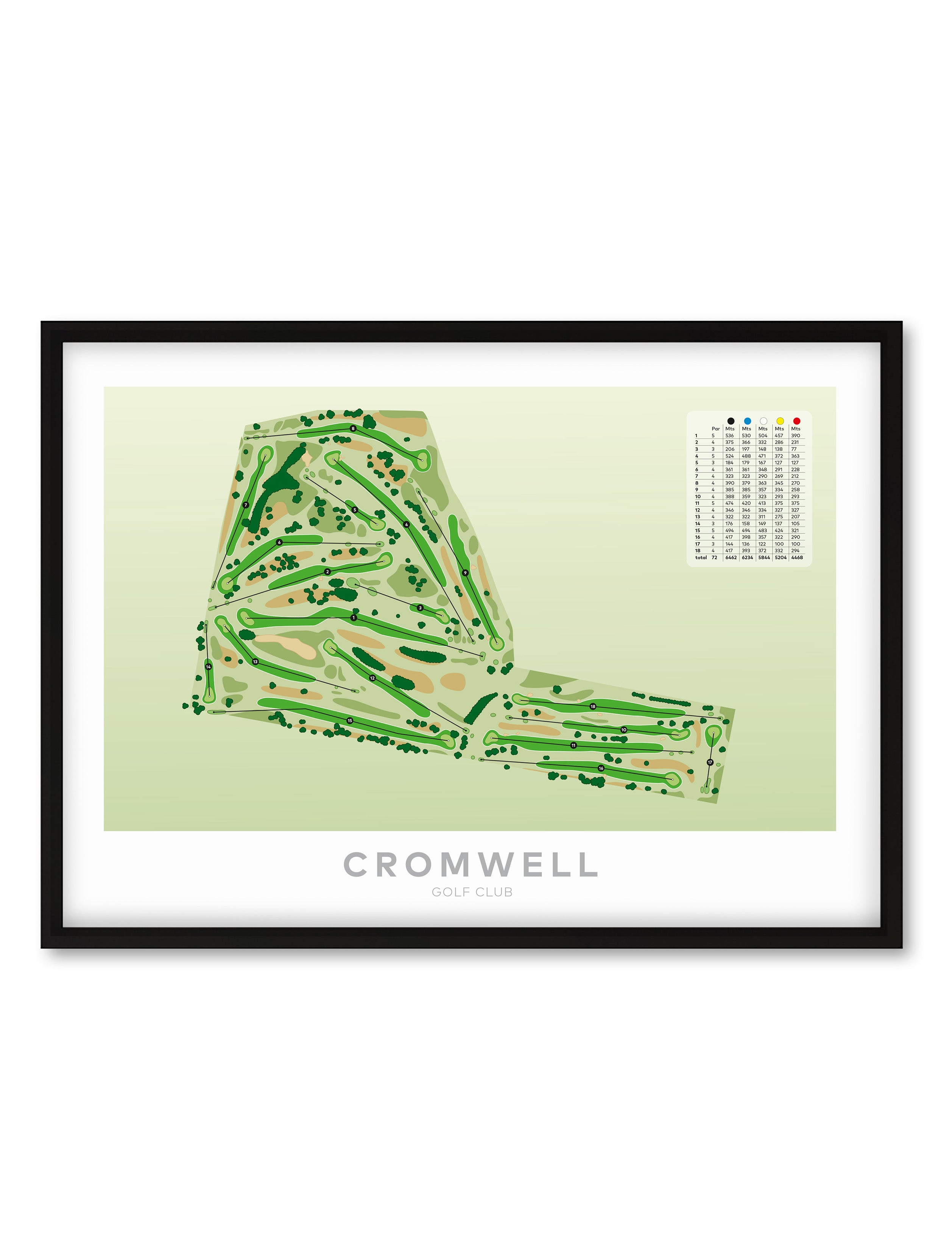 Black framed minimalist fine art map of Cromwell Golf Course, Central Otago District, Otago, South Island, New Zealand