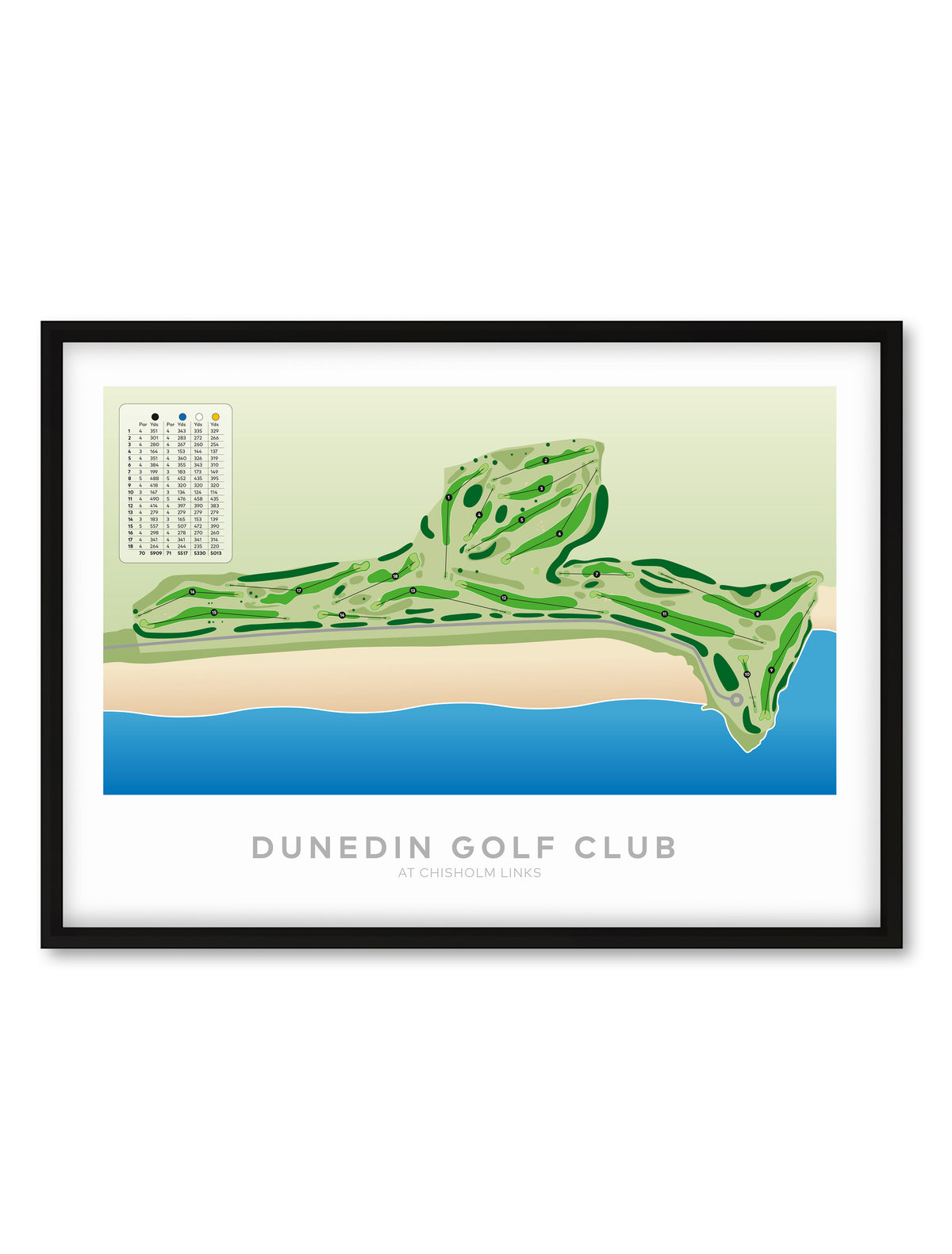 Black framed Minimalist fine art map of Dunedin - Chisholm Links Golf Course, Otago, New Zealand
