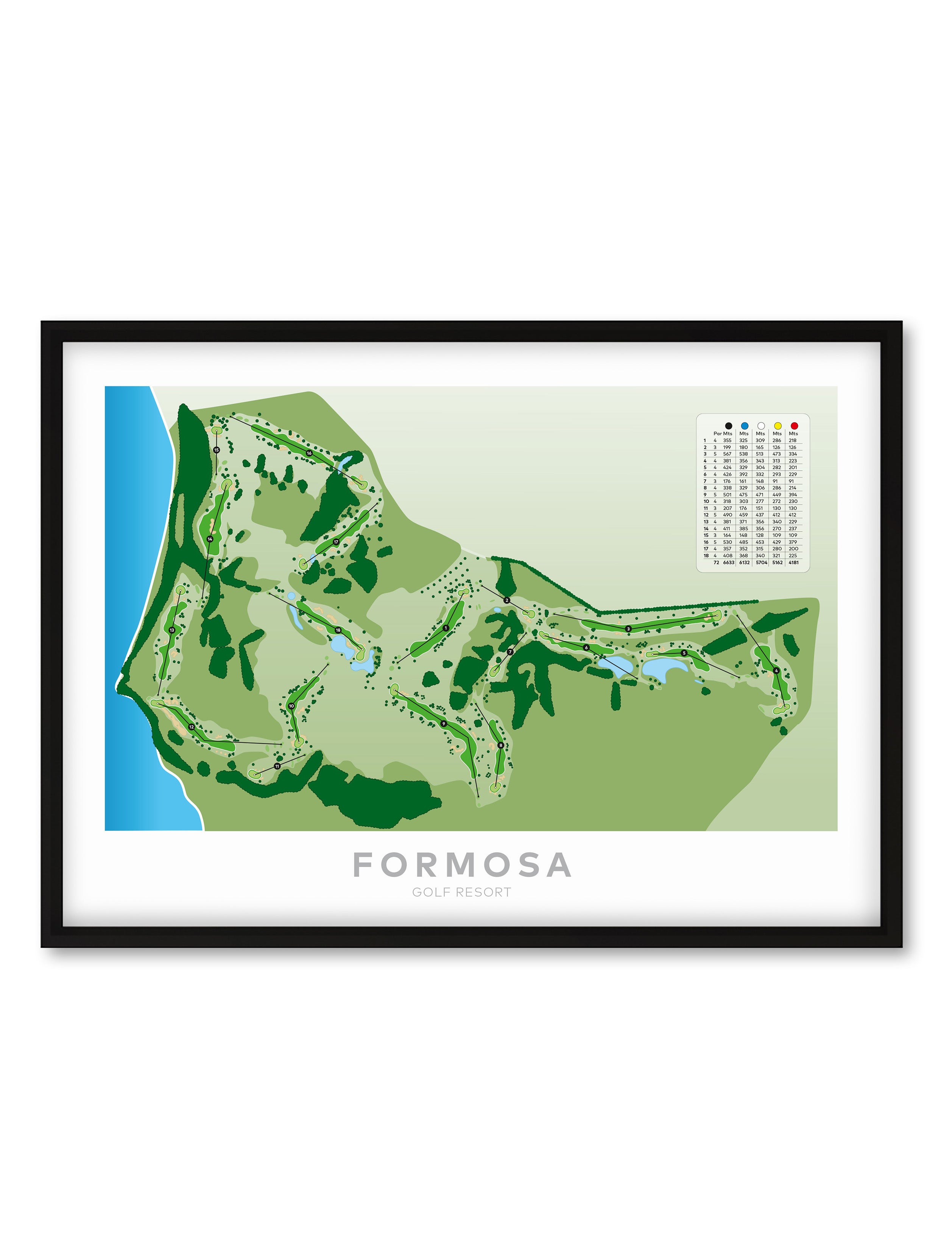 Black framed minimalist fine art map of Formosa Golf Course, Auckland, New Zealand