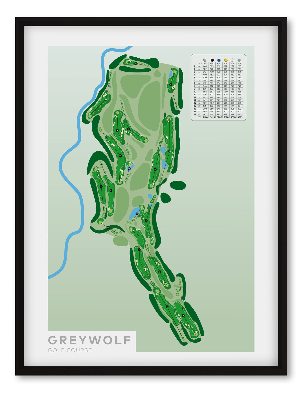 Black framed minimalist fine art map of Greywolf Golf Course, Panorama, British Columbia, Canada
