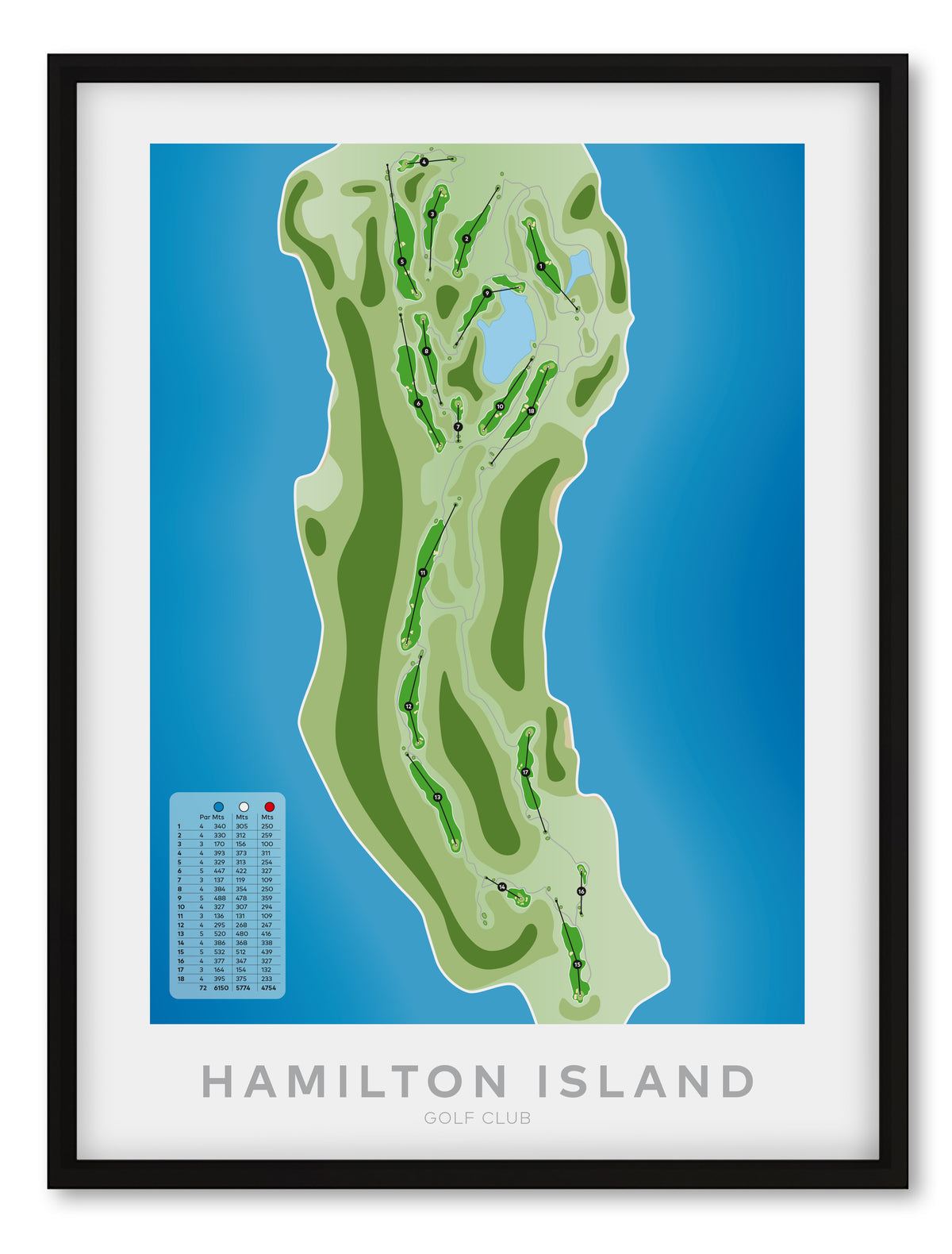 Black framed minimalist fine art map of Hamilton Island Golf Course, Dent Island, Whitsundays, Queensland, Australia-australia-golf-art