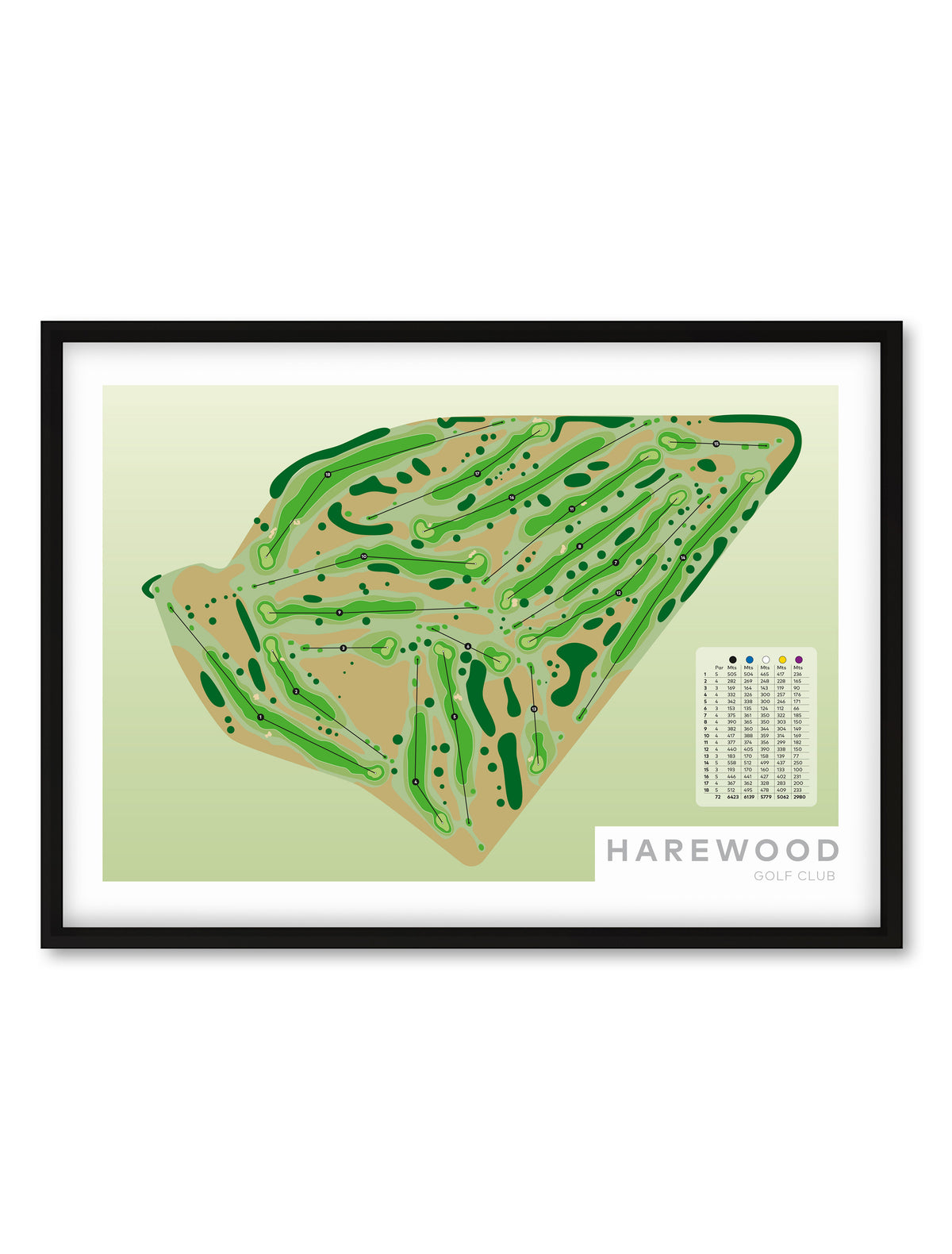Black framed minimalist fine art map of Harewood Golf Course, Christchurch, Canterbury, New Zealand