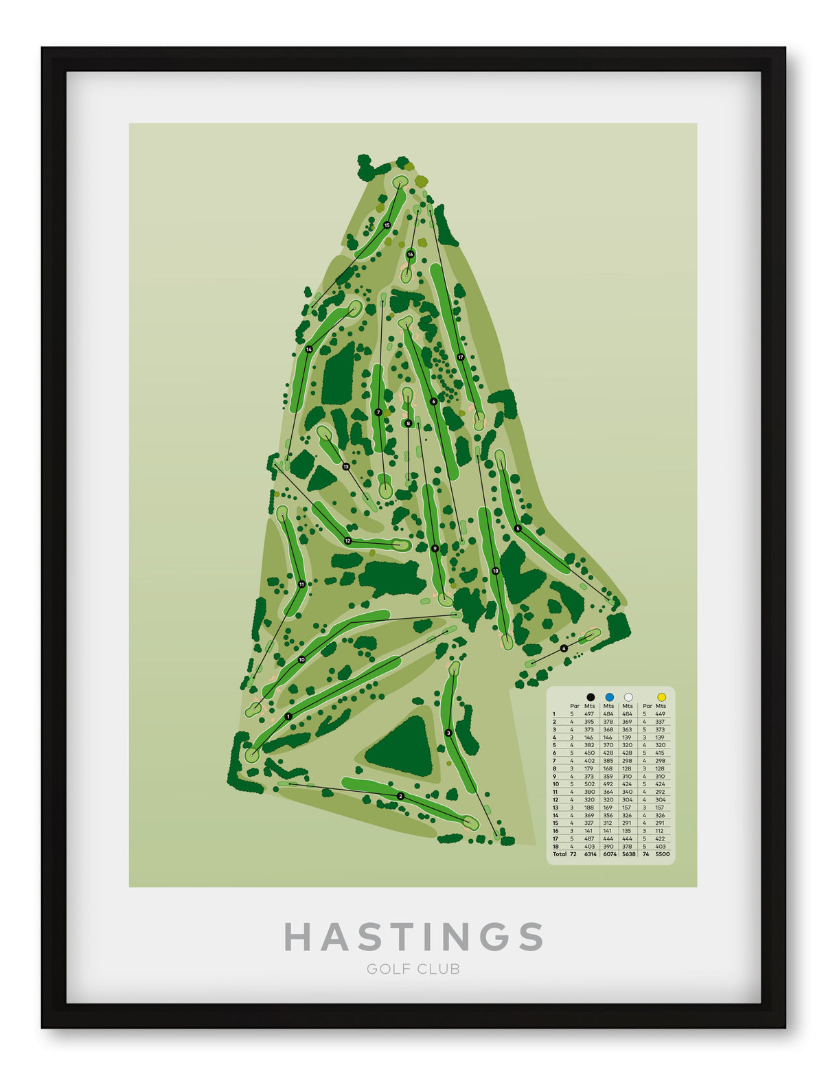 Black framed minimalist fine art map of Hastings Golf Course, Bridge Pa, Hawke’s Bay, New Zealand