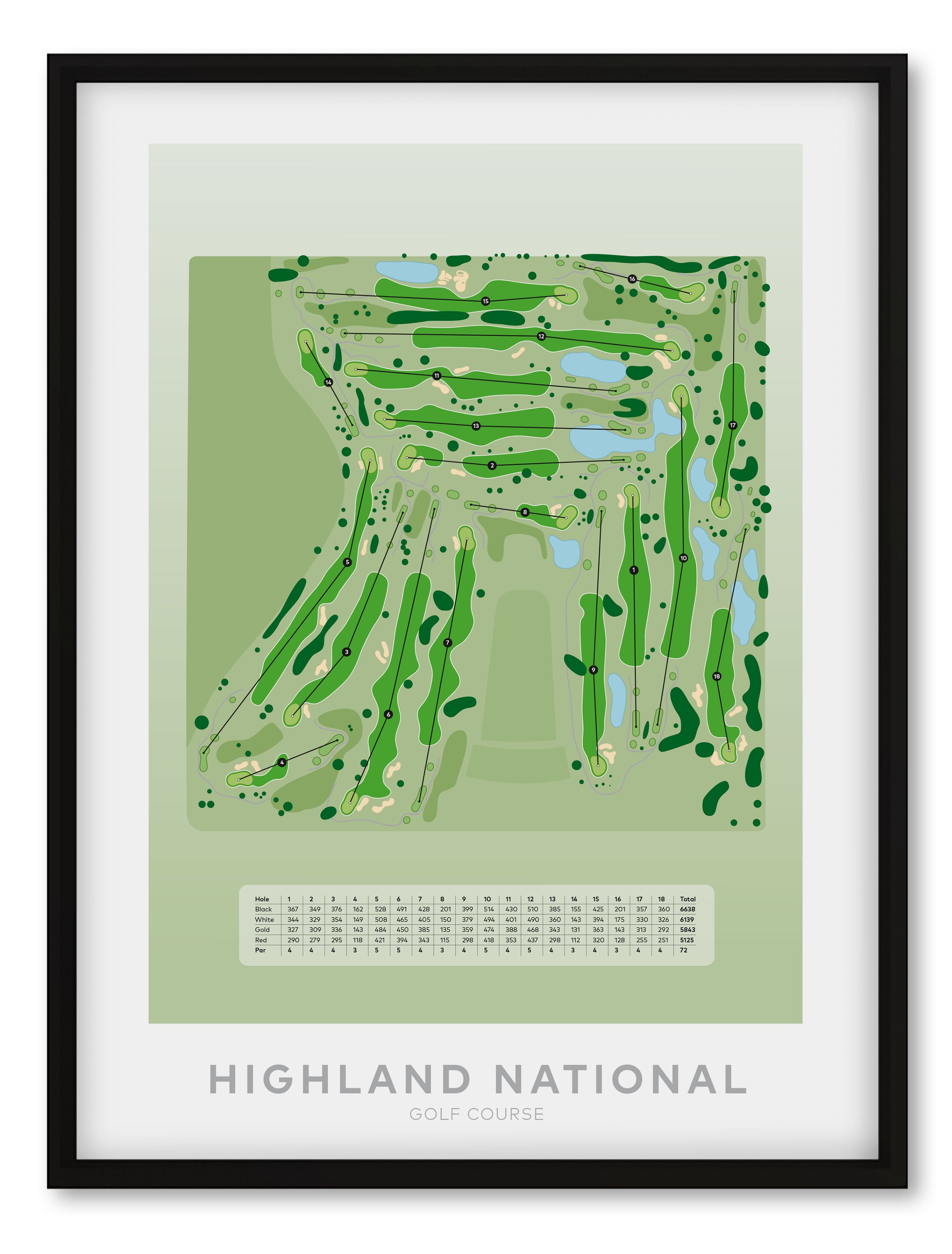 Black Framed minimalist golf course map of Highland National Golf Course featuring Minnesota’s most famous golf hazard: the world-renowned Snoopy bunker. 
