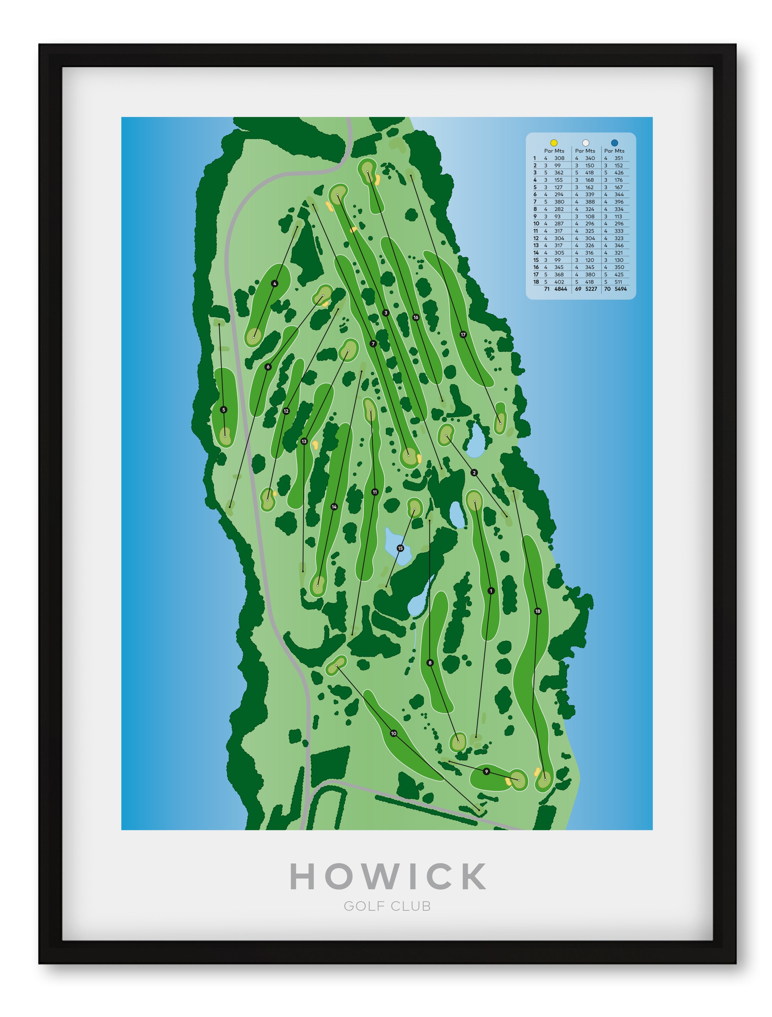 Black framed minimalist fine art map of Howick Golf Course, Auckland, New Zealand