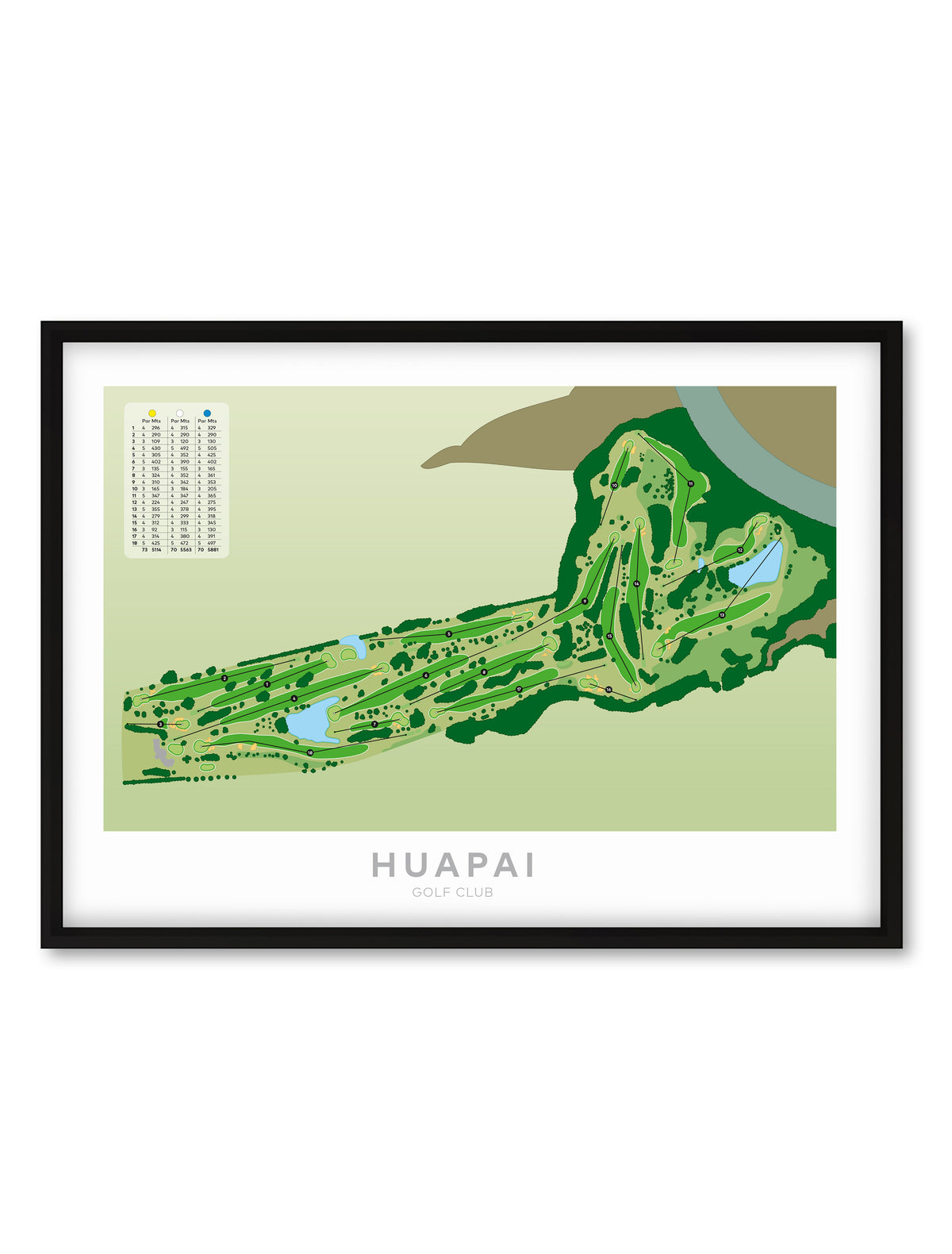 Black framed minimalist fine art map of Huapai Golf Course, West Auckland, New Zealand
