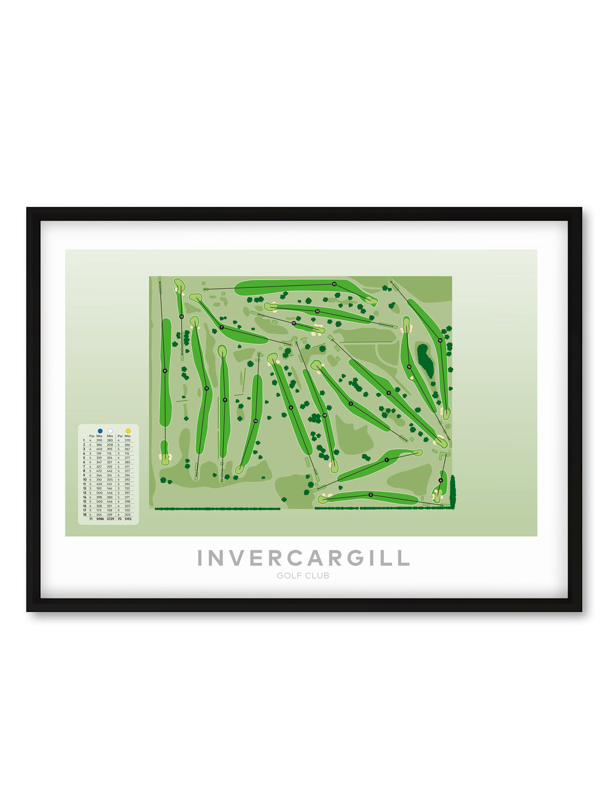 Black framed minimalist fine art map of Invercargill Golf Course, Southland, New Zealand