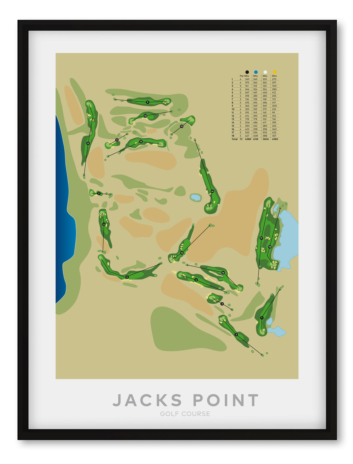 Black framed minimalist fine art map of Jacks Point Golf Course, Queenstown Lakes, Otago, New Zealand
