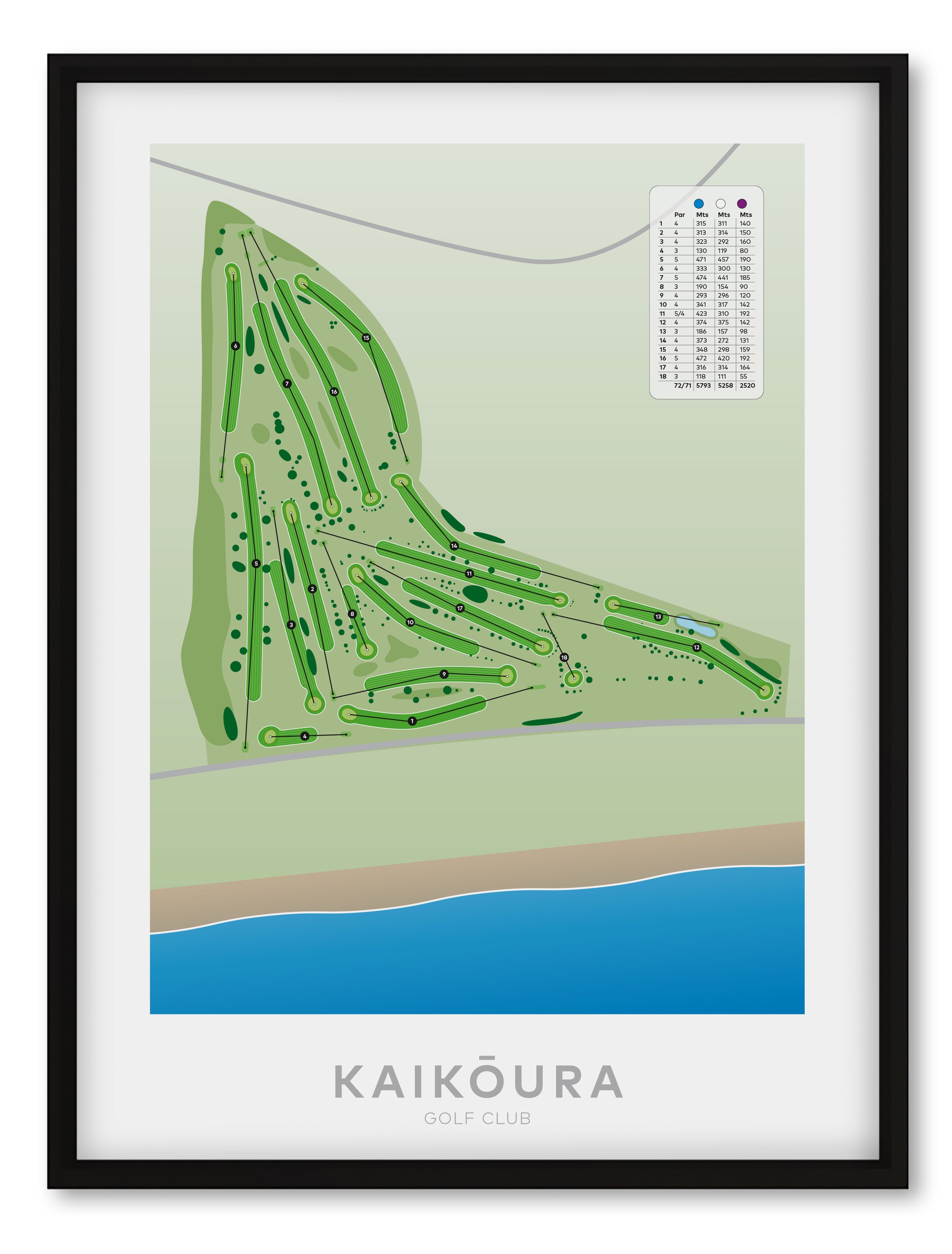 Black framed Minimalist fine art map of Kaikoura Golf Course, Canterbury, New Zealand