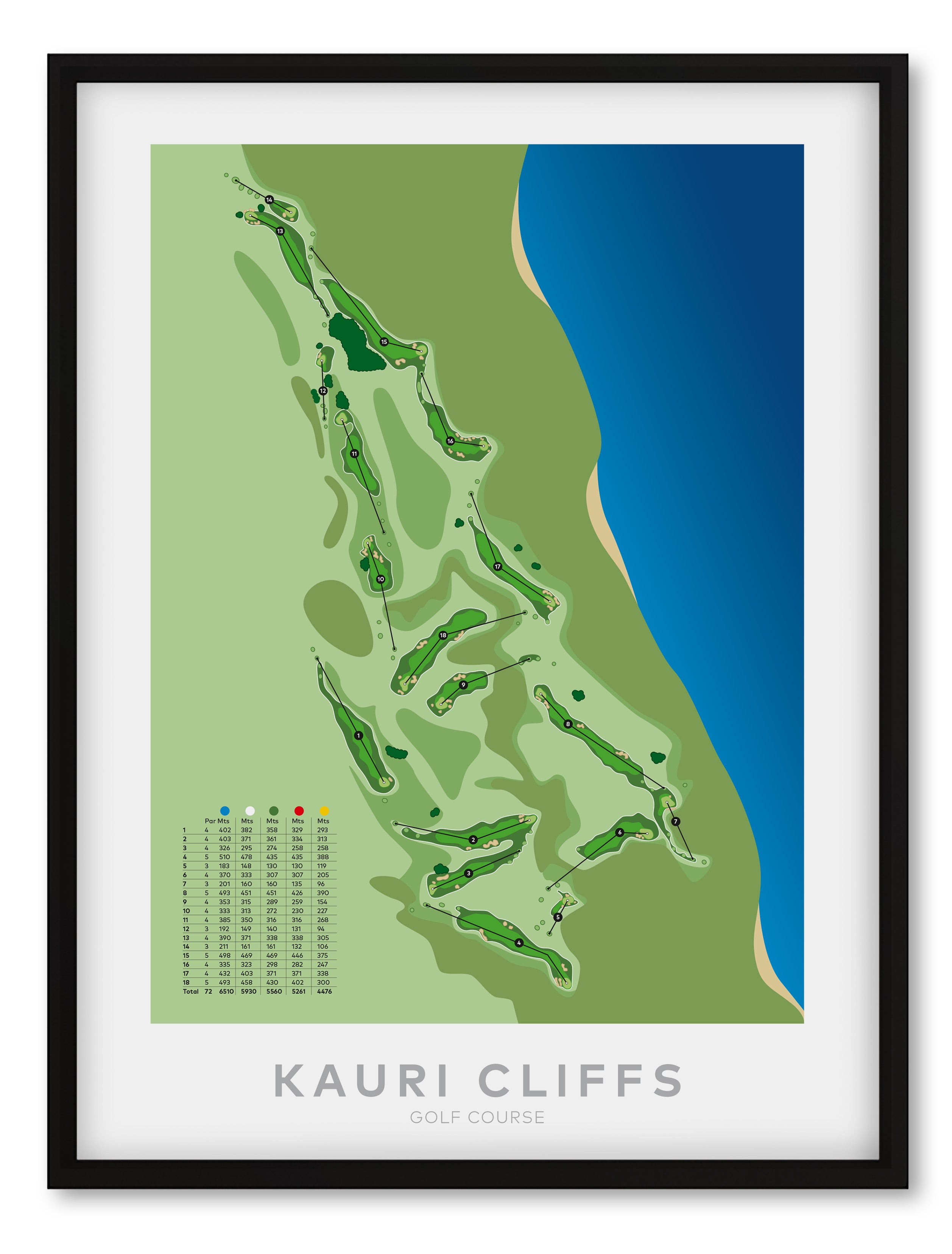Black framed minimalist fine art map of Kauri Cliffs Golf Course, Northland, New Zealand