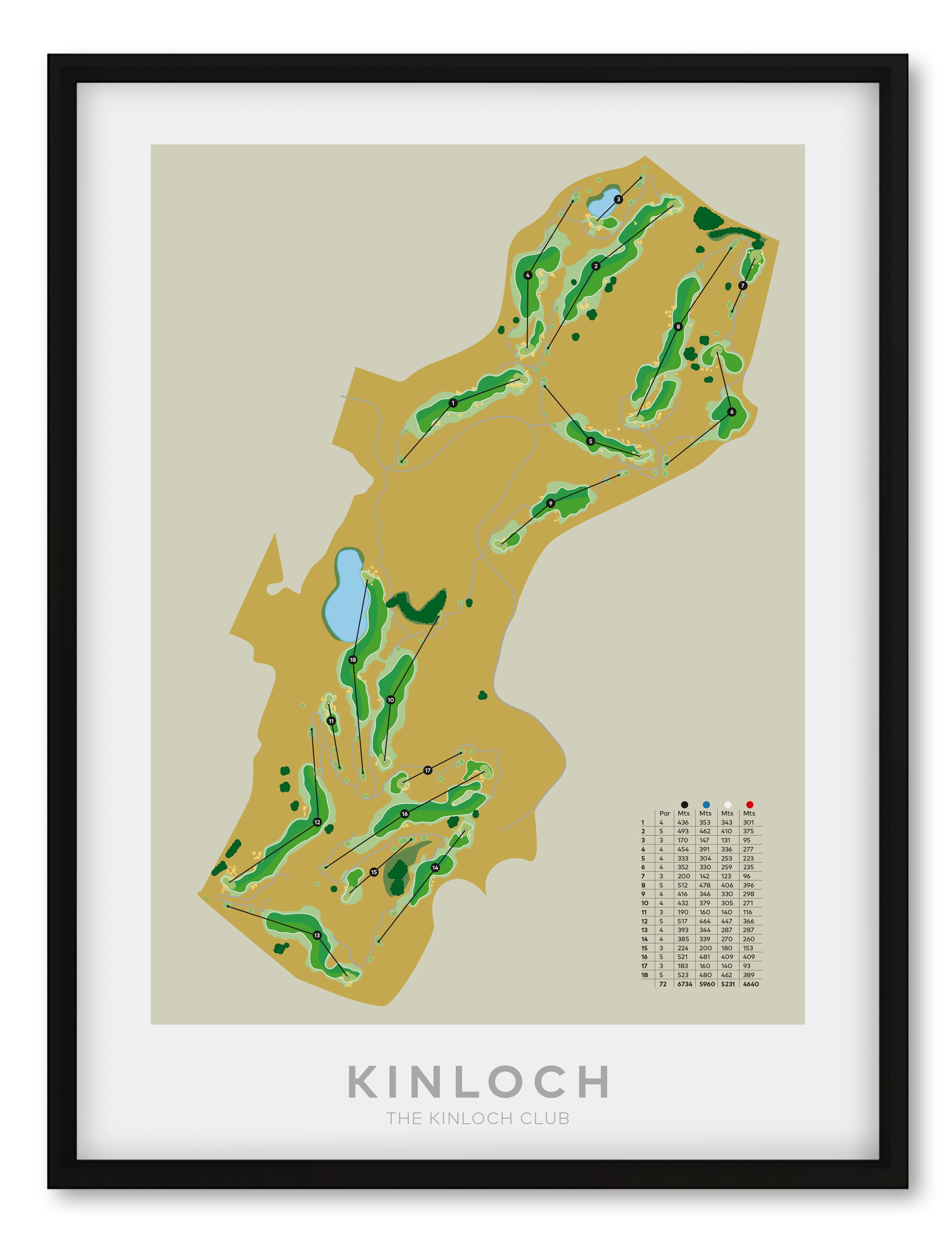 Black framed minimalist fine art map of Kinloch Golf Course, Taupo, New Zealand