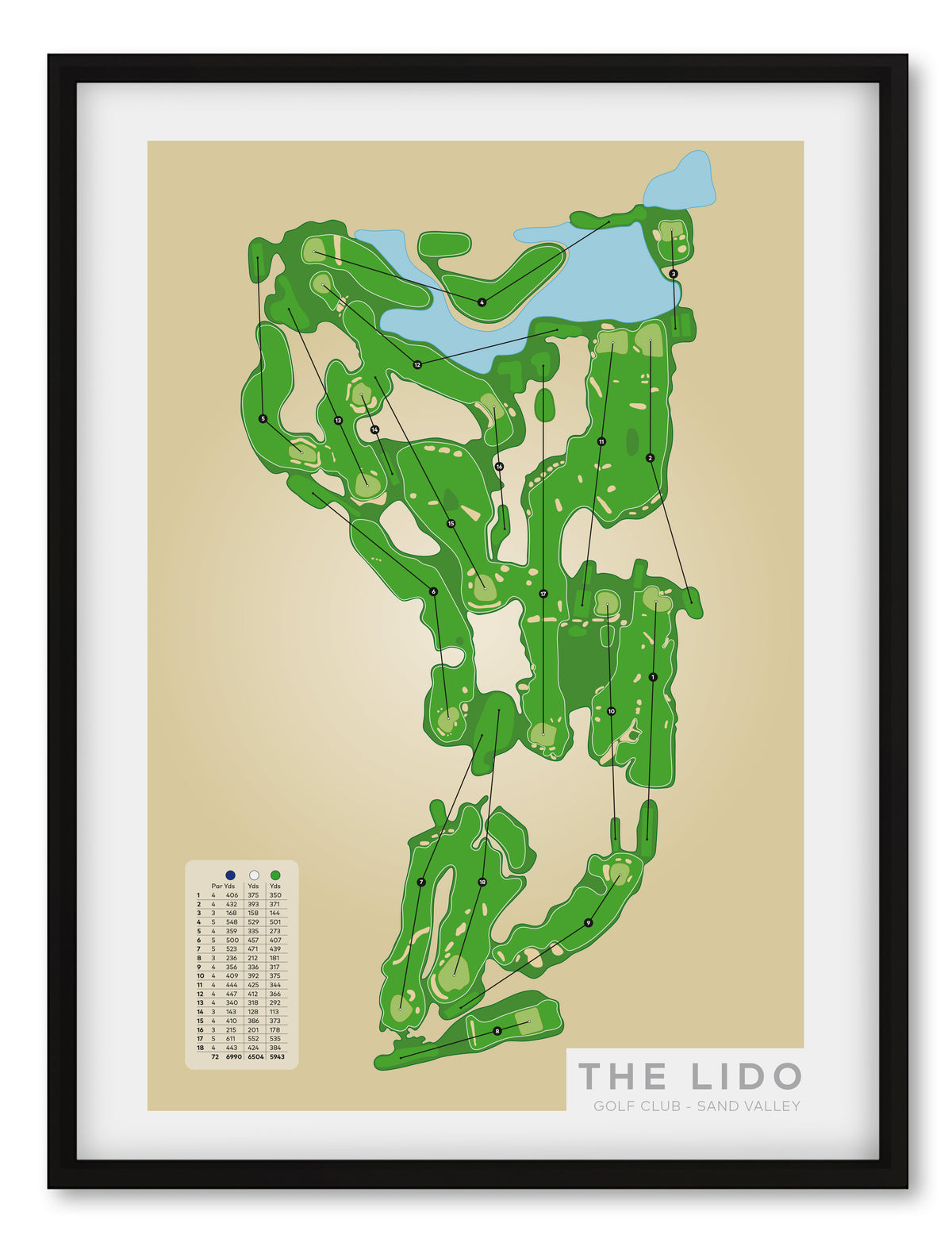 Black framed Minimalist fine art map of The Lido Golf Course, Sand Valley, Wisconsin, USA