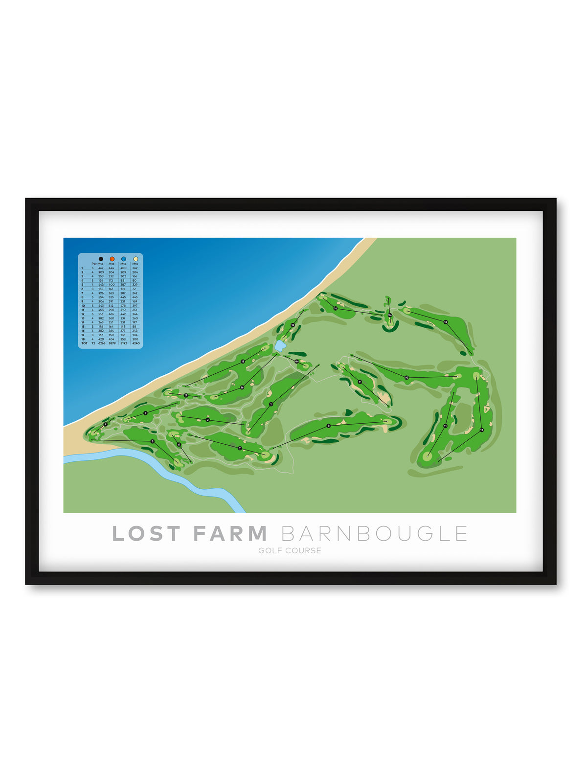 Black framed Minimalist fine art map of Lost Farm Golf Course, Tasmania, Australia-australia-golf-art