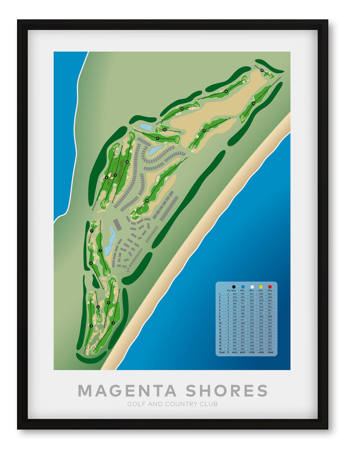 Black framed minimalist fine art map of Magenta Shores Golf Course, Central Coast, NSW, New South Wales, Australia-australia-golf-art