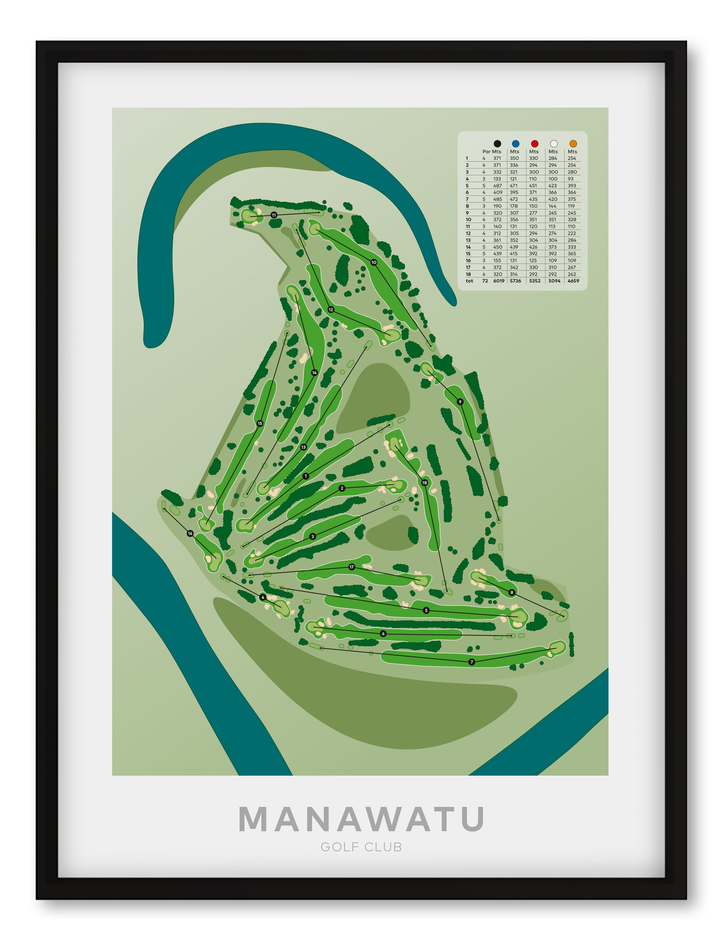 Black framed minimalist fine art map of Manawatu Golf Course, Palmerston North, Taranaki, New Zealand.