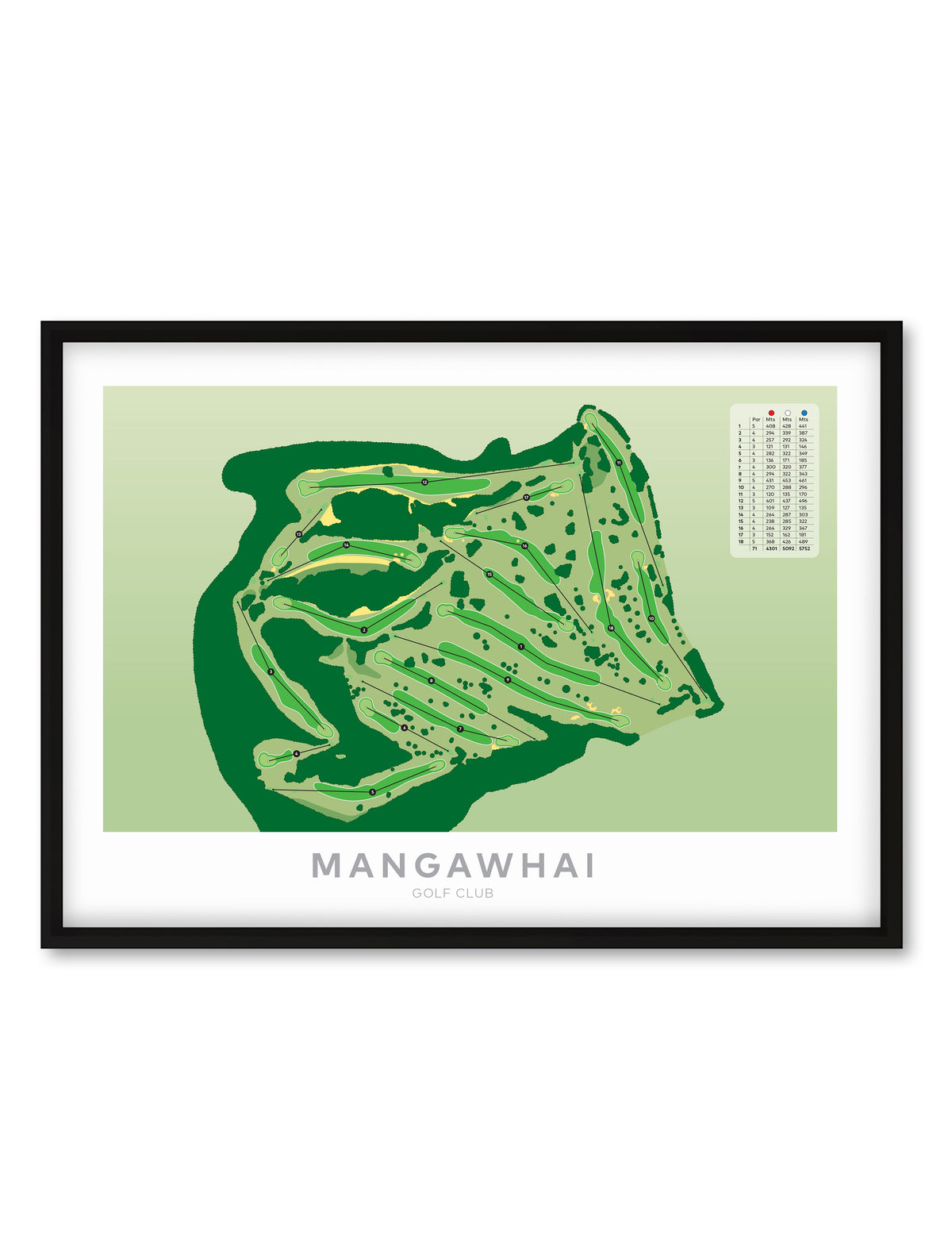 Black framed Minimalist fine art map of Mangawhai Golf Course, Northland, New Zealand