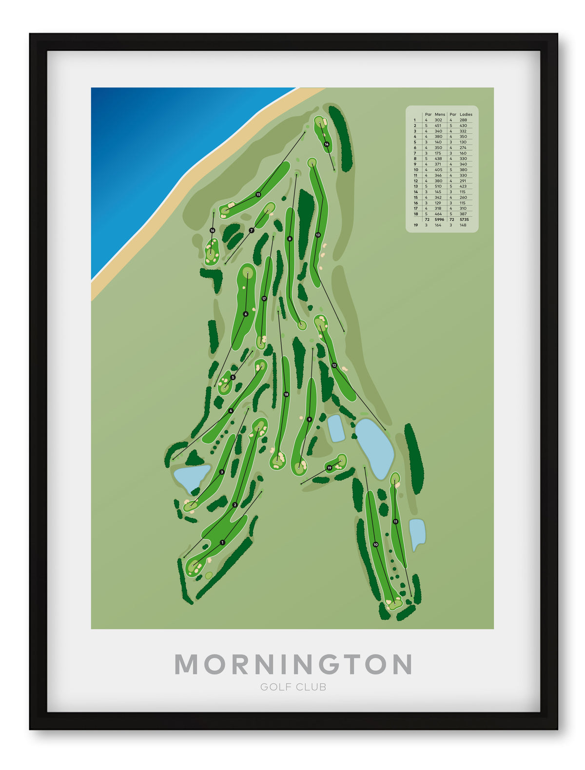 Black framed minimalist fine art map of Mornington (VIC) Golf Course, Melbourne, Victoria, Australia-australia-golf-art