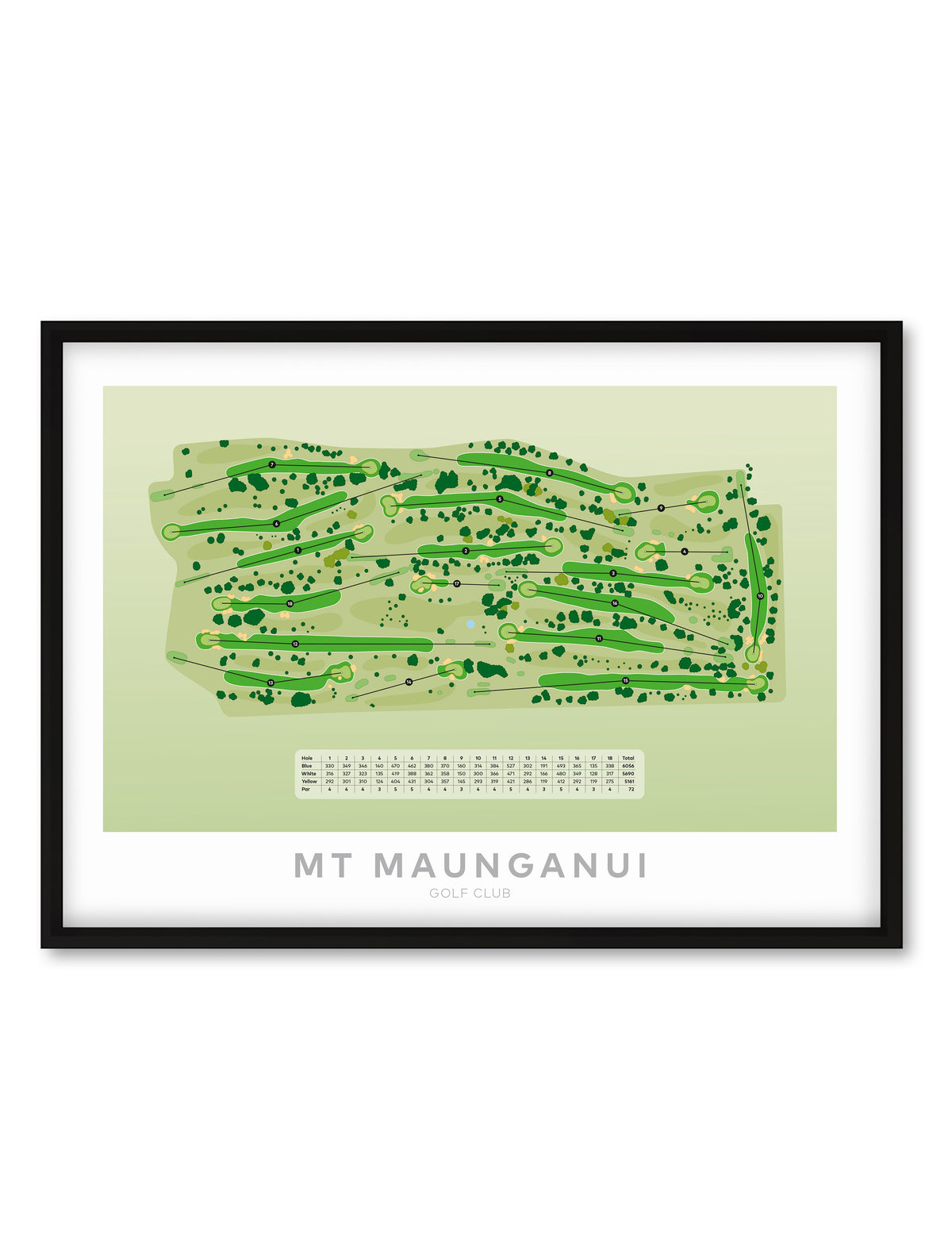 Black framed minimalist fine art map of Mount Maunganui Golf Course, Bay of Plenty, BOP, New Zealand