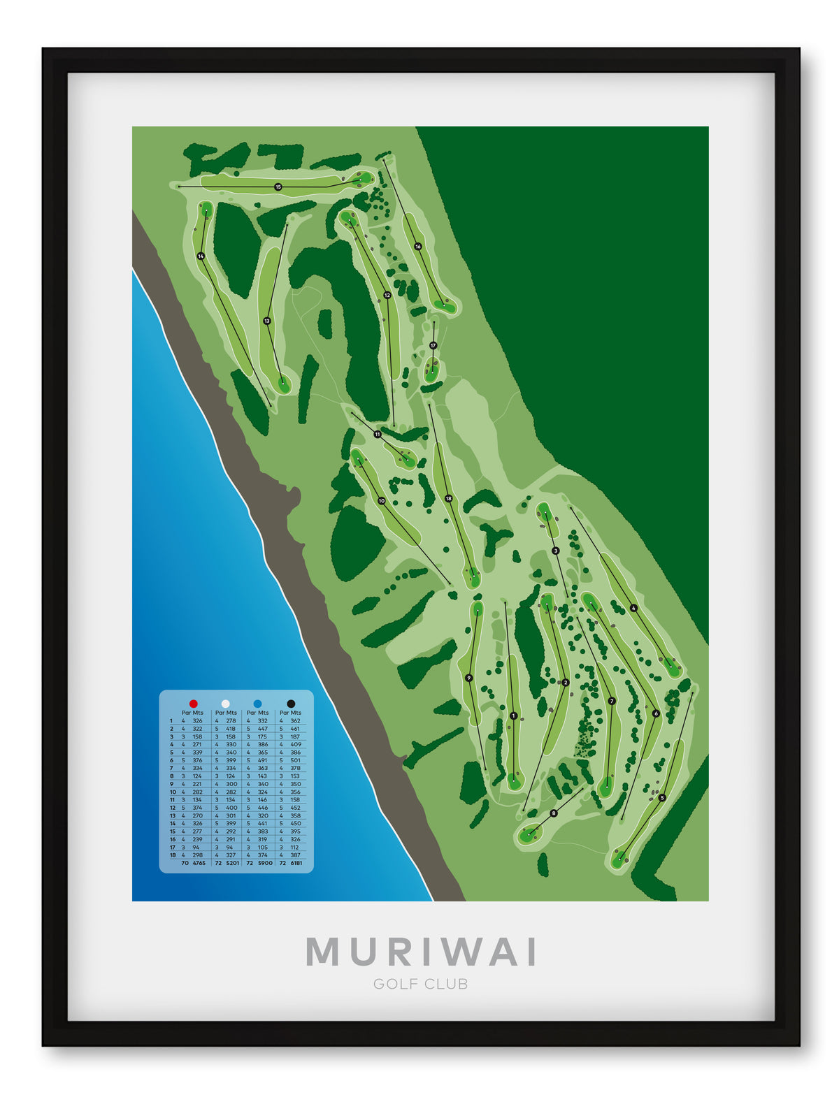 Black framed minimalist fine art map of Muriwai Golf Course, West Auckland, New Zealand