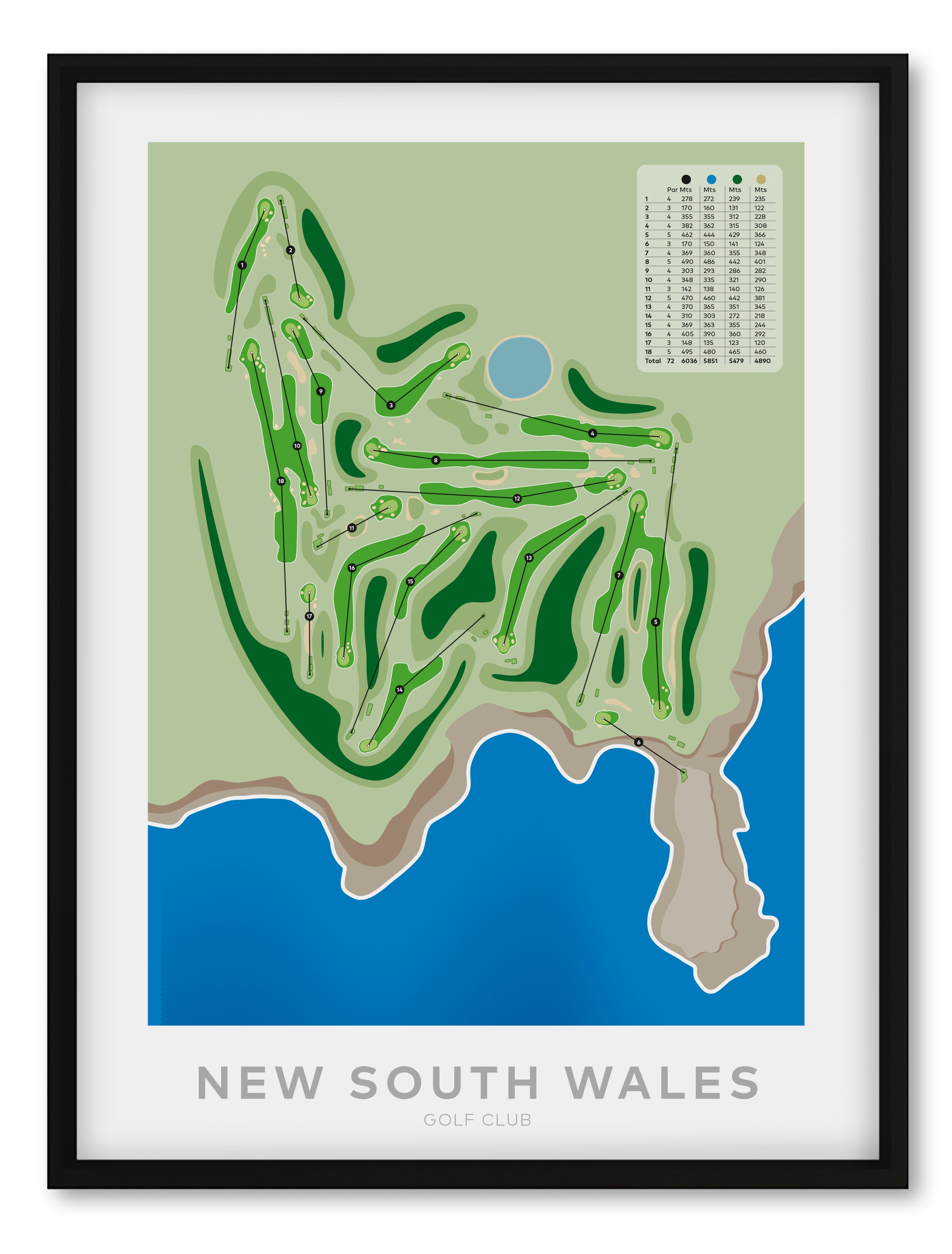 Black framed minimalist fine art map of New South Wales Golf Course, Sydney, NSW, Australia-australia-golf-art