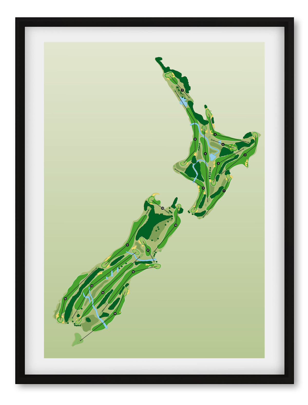 Black framed Minimalist fine art map of New Zealand Golf Course concept artwork