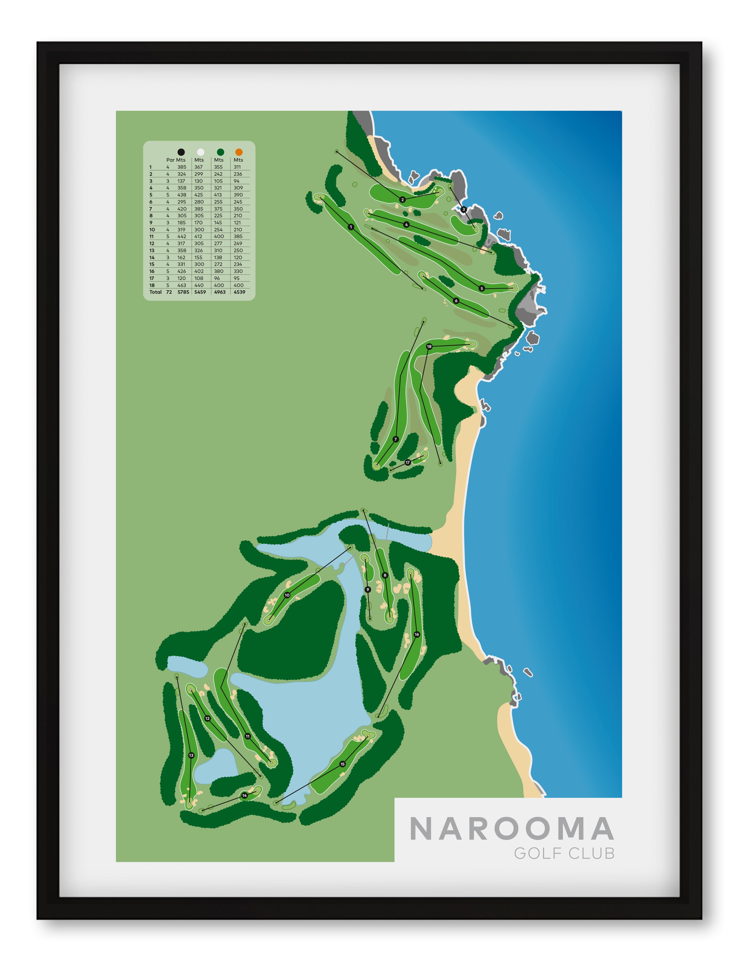 Black framed minimalist fine art map of Narooma Golf Course, Eurobodalla Shire, South Coast Region, Australia-australia-golf-art