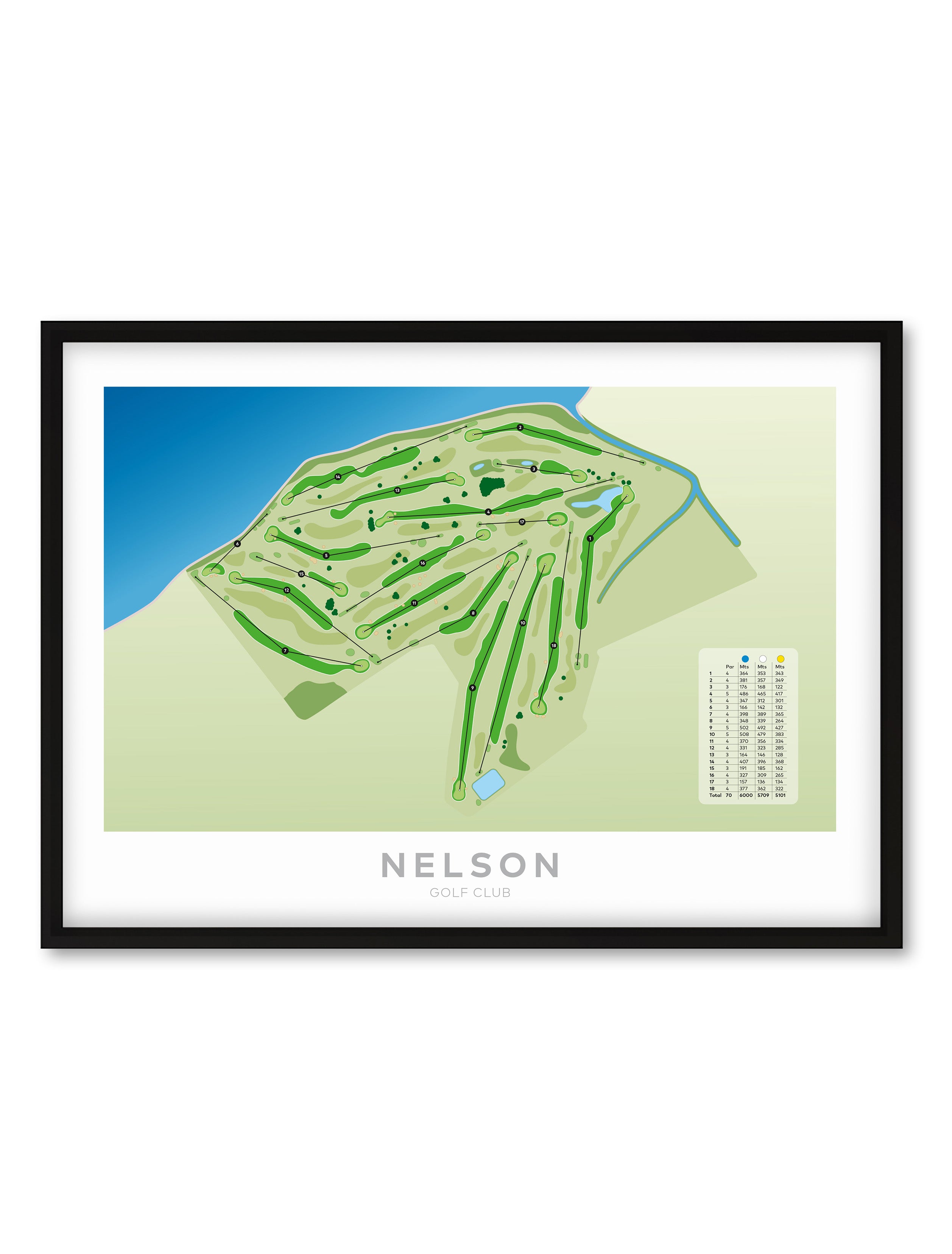 Black Framed Minimalist fine art map of Nelson Golf Course, Tasman Region, New Zealand