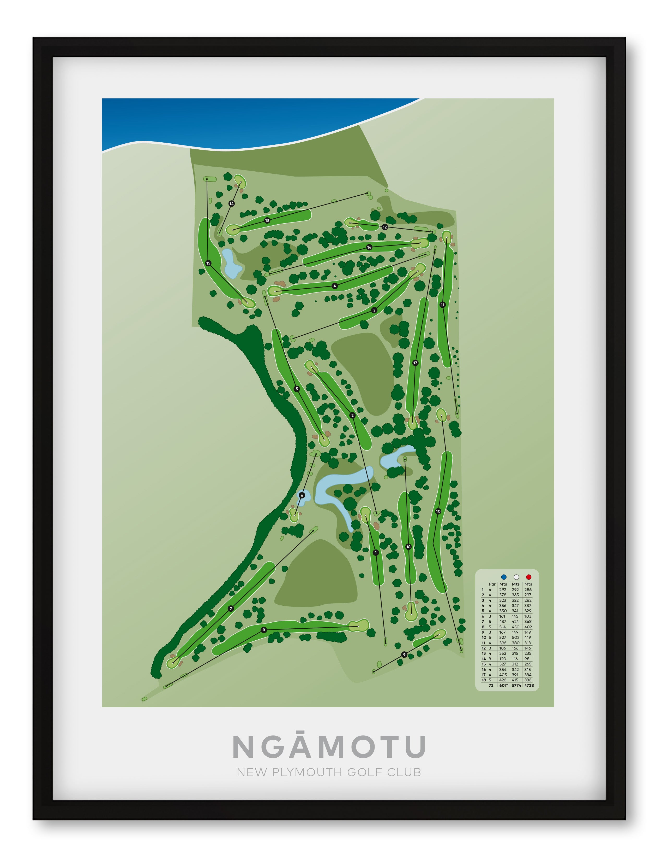 Black framed minimalist fine art map of Ngamotu - New Plymouth Golf Course, Taranaki, New Zealand