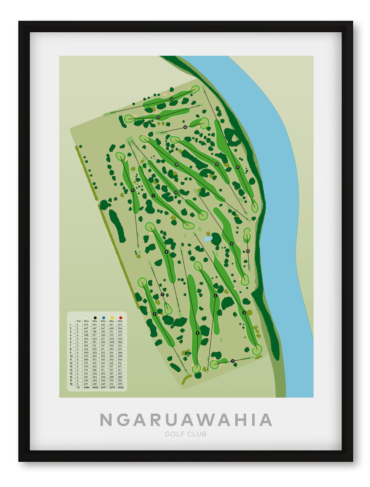 Black framed Minimalist fine art map of Ngaruawahia Golf Course, Hamilton, Waikato, New Zealand