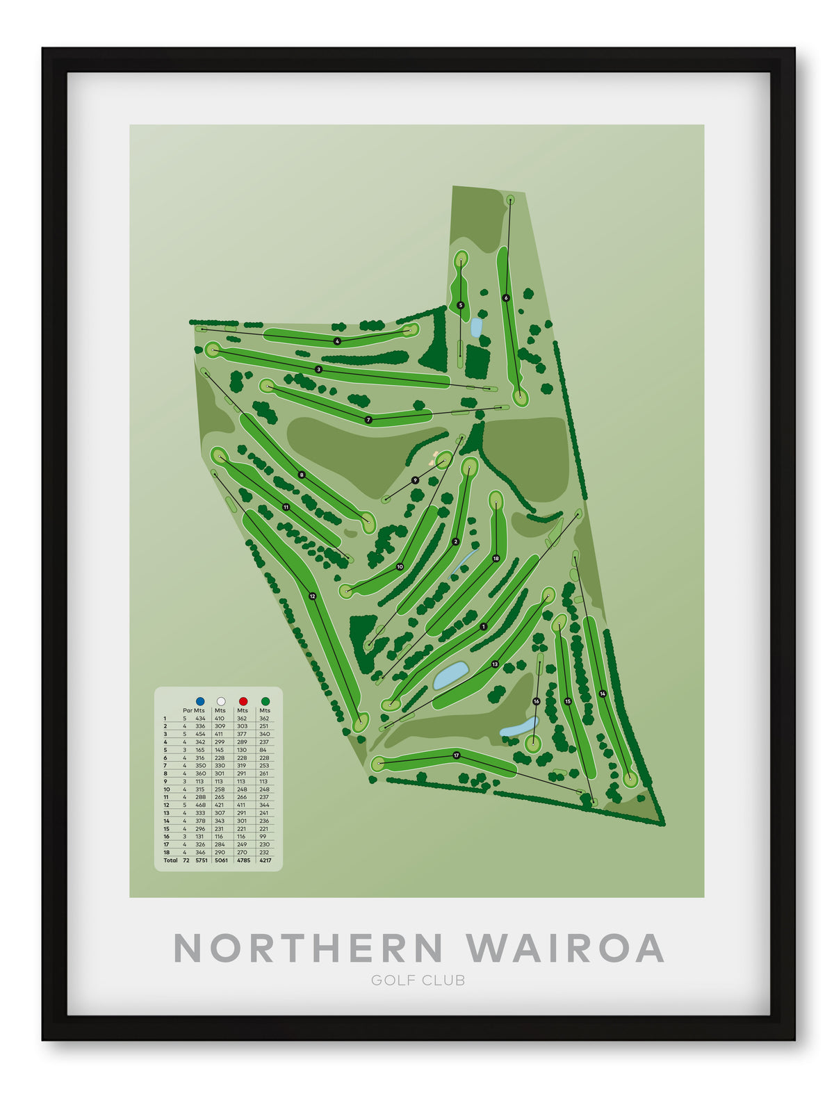 Black framed minimalist fine art map of Northern Wairoa Golf Course, Northland, New Zealand