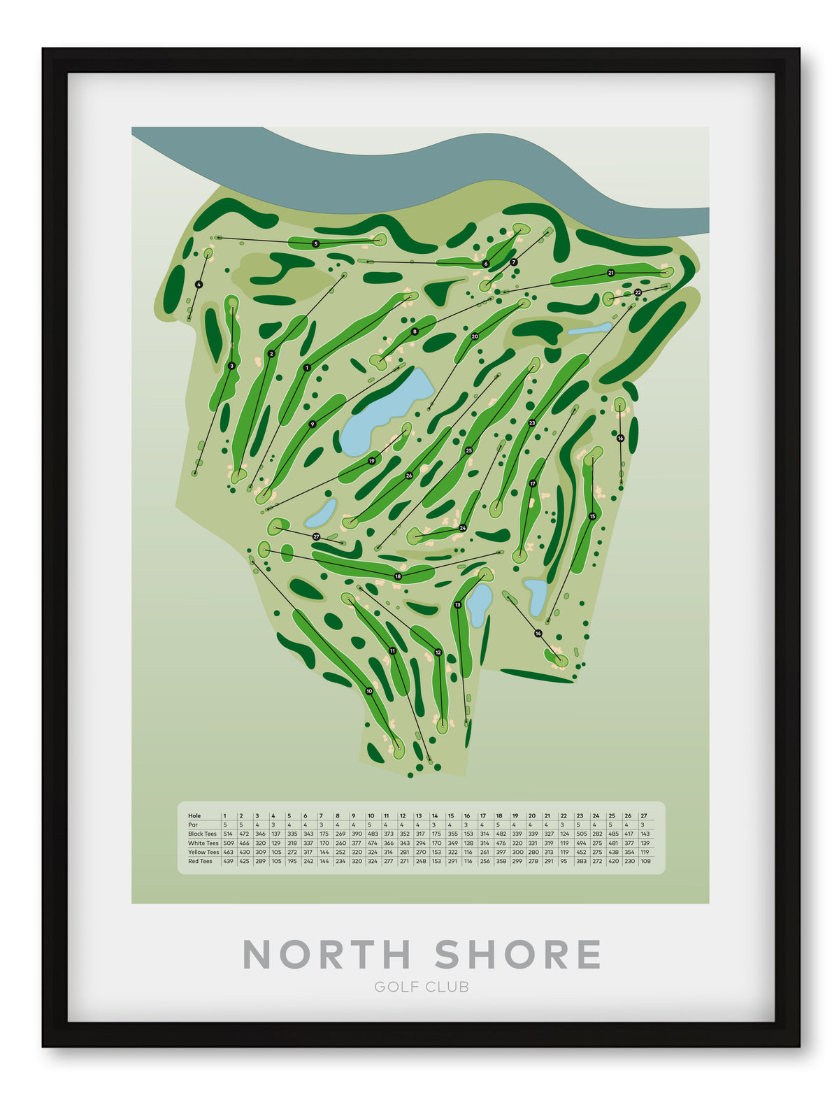 Black framed Minimalist fine art map of North Shore Golf Course, Auckland, New Zealand