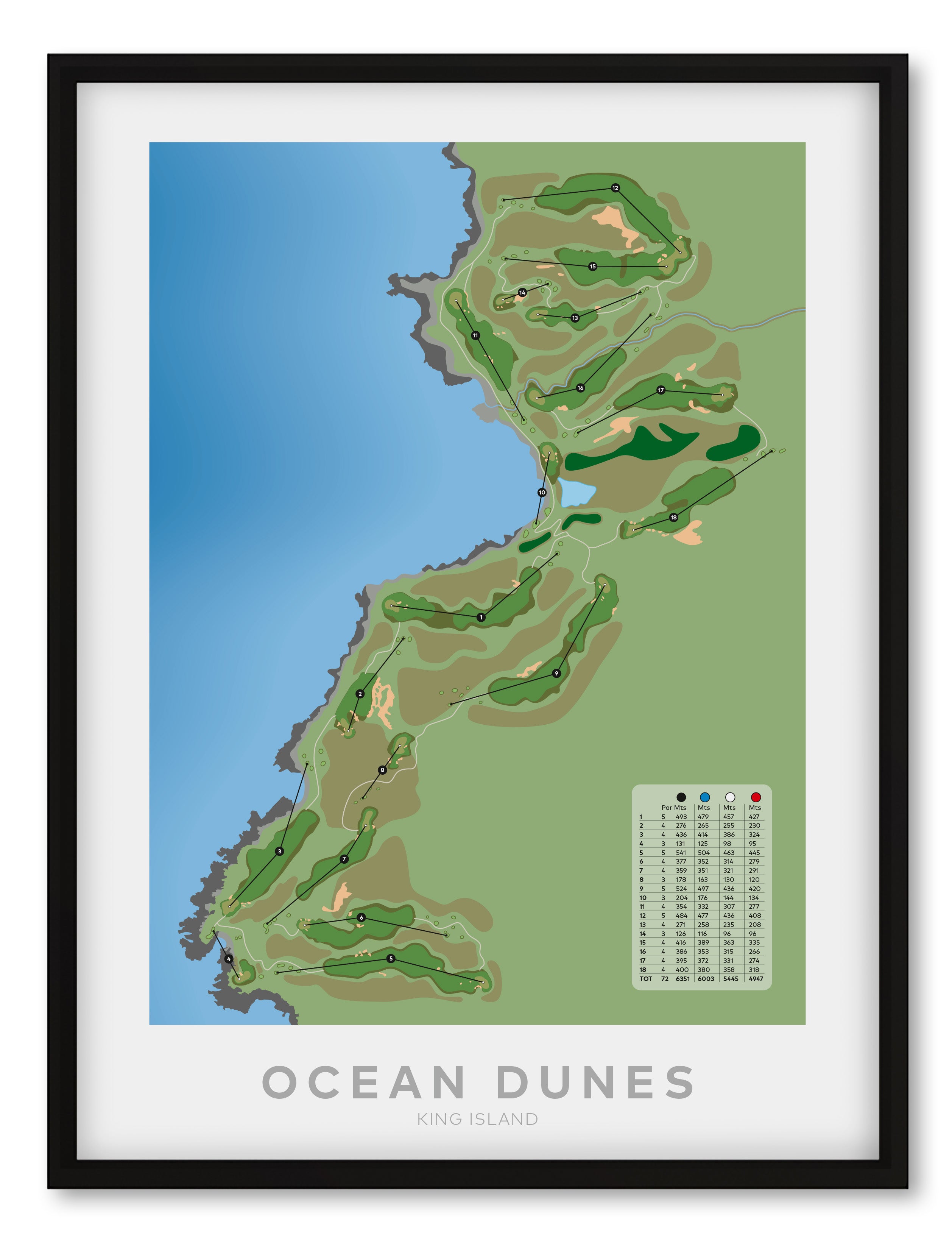 Black framed minimalist fine art map of Ocean Dunes Golf Course, King Island, Tasmania, Australia-australia-golf-art